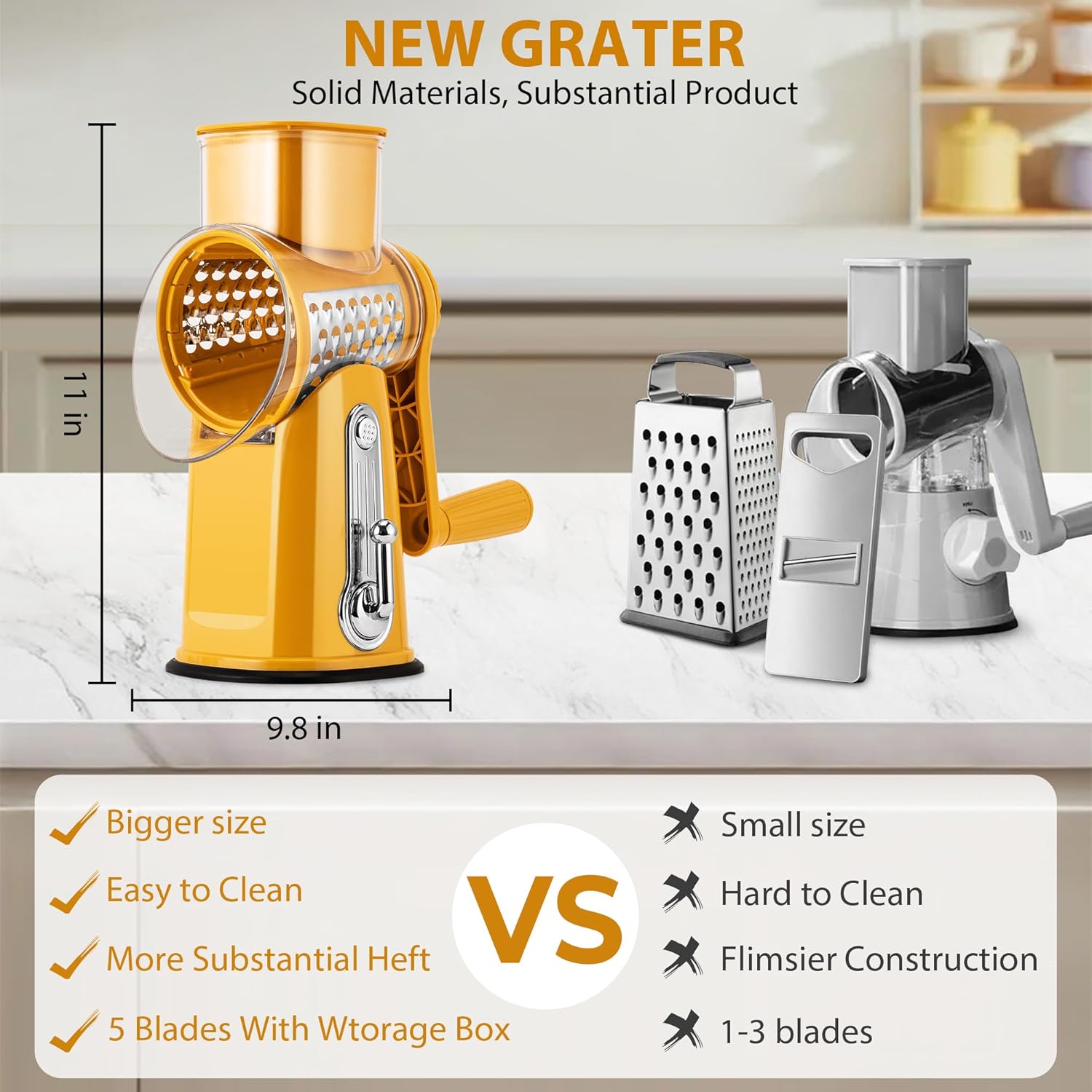 Pukomc Rotary Cheese Grater with Handle- 5 Blades, Suction Base, Mandoline Slicer & Veg Shredder with Blade Storage Box(Yellow)