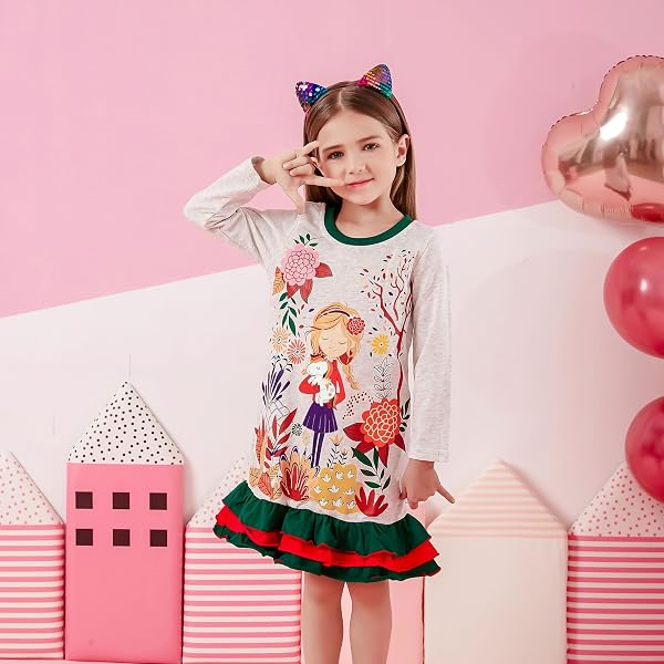 VIKITA Niñas Vestidos Algodón Animal Bordado Manga Larga Vestido para Niños - 2