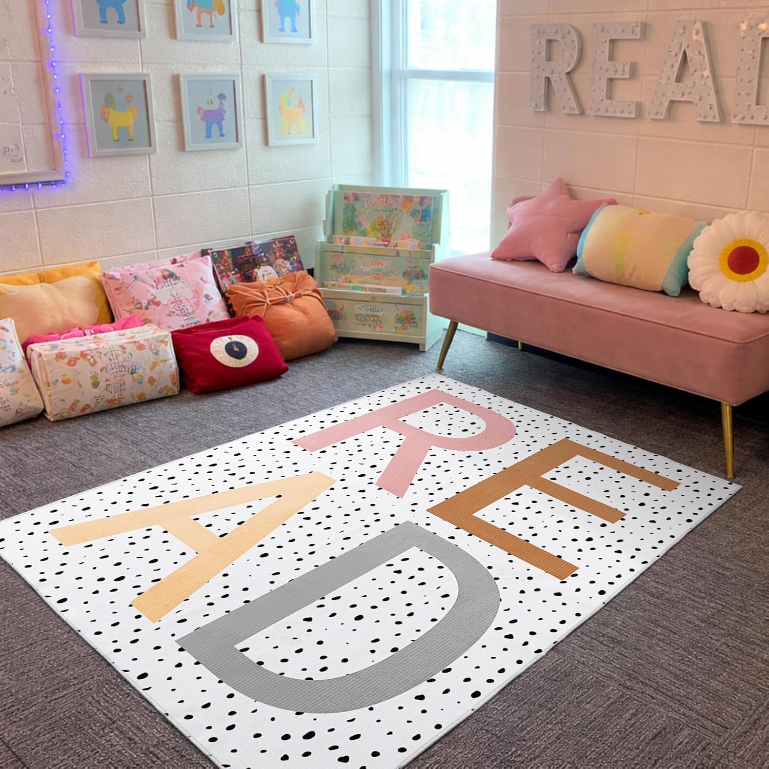 Large Classroom Rug 4.9 x 6.6 ft Read Classroom Carpets with Rubber Backing Class Carpets Playmat Read Rug Decor for Library Preschool Nursery Daycare Reading Nook Bedroom Playroom