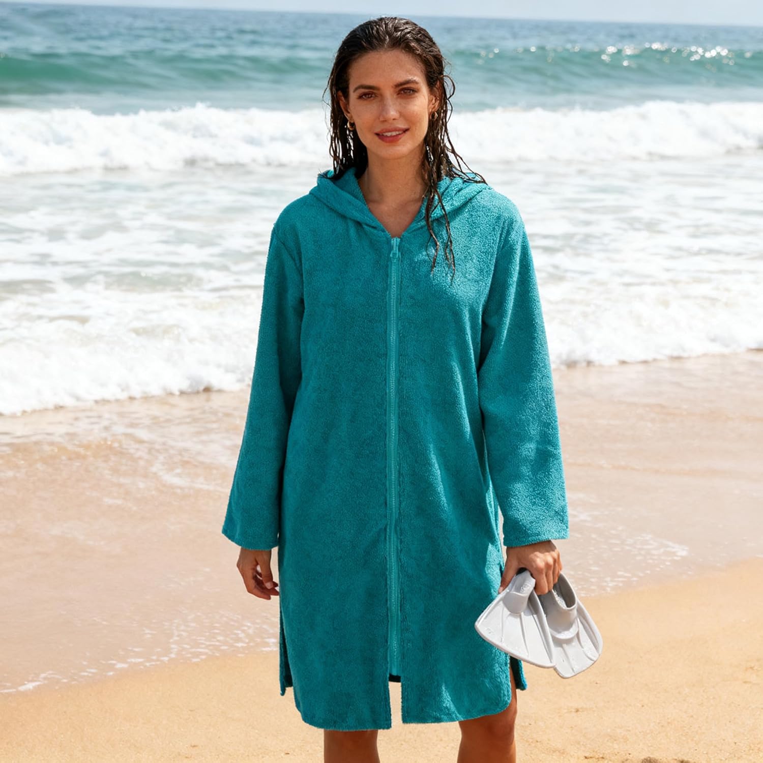 Weecreeture Hooded Towel Poncho with Zipper and Pocket, Surf Poncho for Men and Women, Beach Bath Changing Robe Cover Up