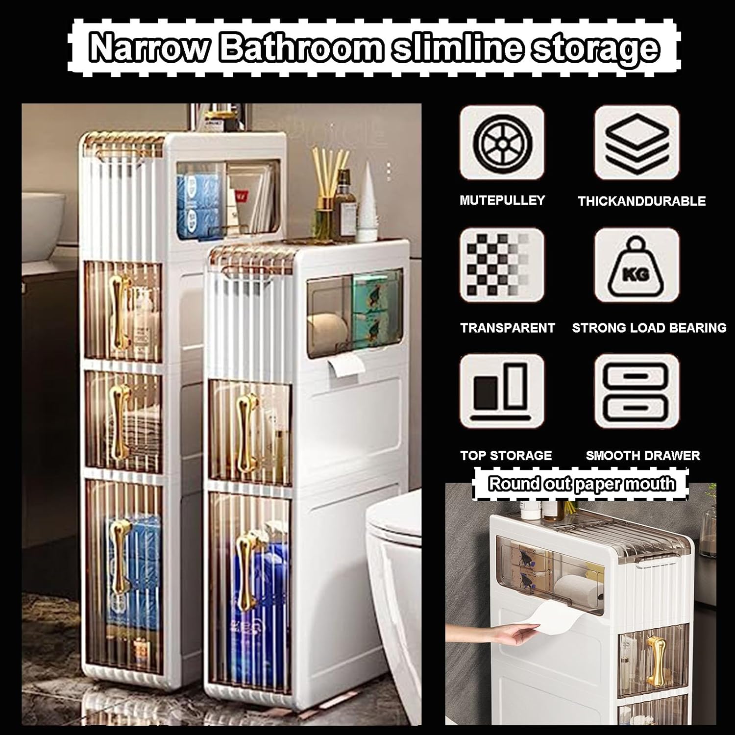 Waterproof Bathroom Storage Cabinet Shelves with Tissue Holder - Skinny Slim Toilet Side Storage Shelf, Scroll Design, Easy Assembly