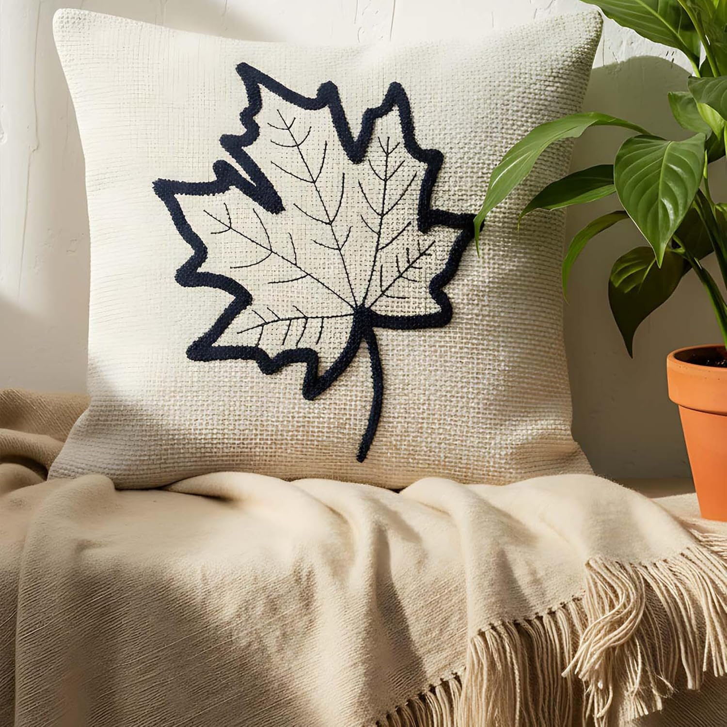 Boho Punch Decorative Pillow Cover | Textured Throw Cushion Case for Couch, Sofa & Bed | Handmade Style Home Decor for Living Room, Fall & Christmas (Leaf Patterned, 16.9 × 16.9 inches)