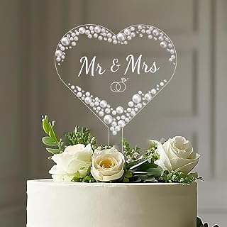 Coucoland Mr and Mrs Cake Topper - Heart Wedding Cake Decor with Rhinestones and Pearls for Engagement Bridal Anniversary