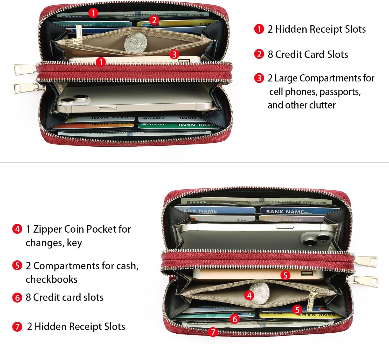 GOIACII Women's Wallet Large Capacity Double Zip Ladies Card Phone Holder RFID Blocking Wristlet Leather - Image 4