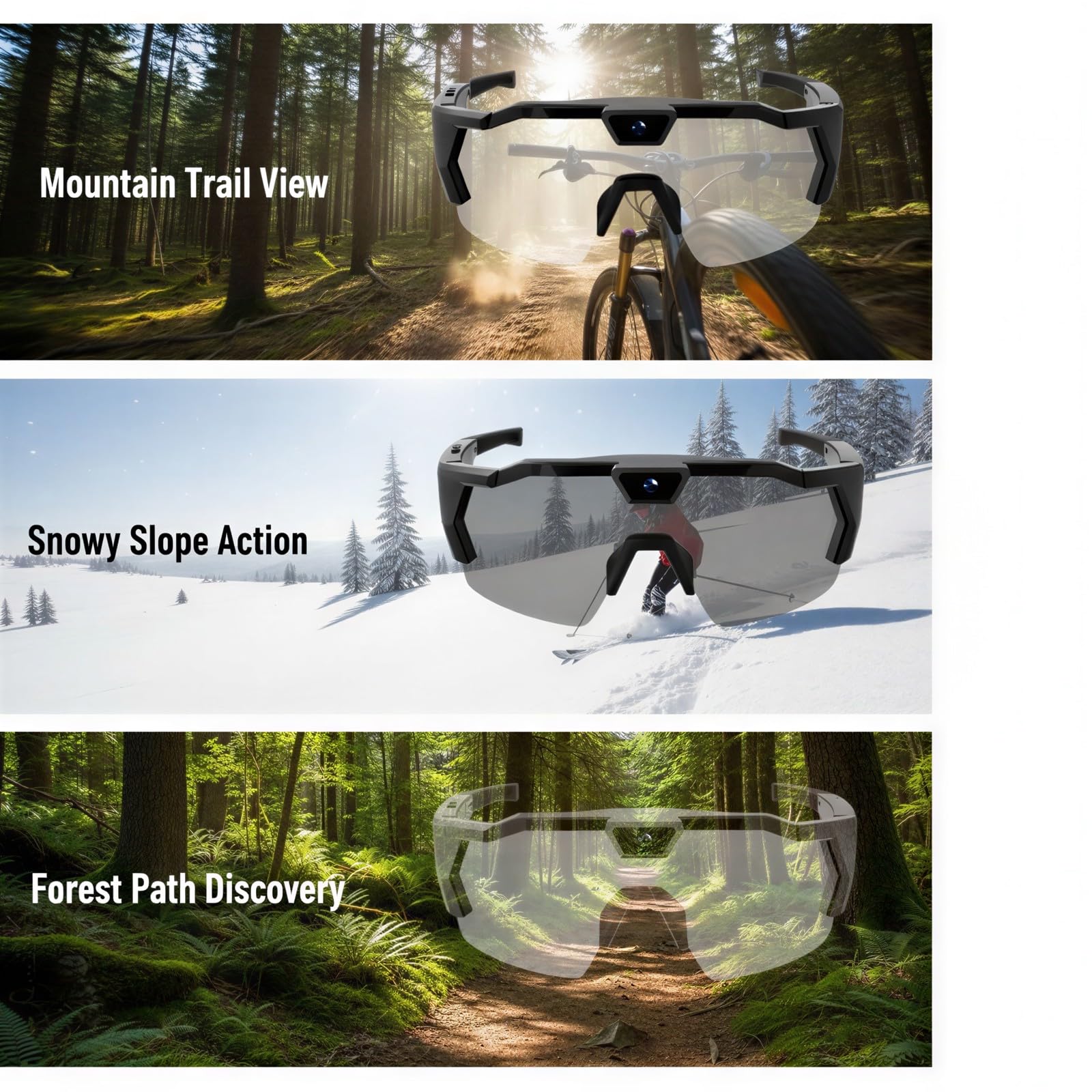 Occhiali POV con scheda TF da 16 GB, lenti fotocromatiche con rilevamento della luce, occhiali intelligenti con fotocamera per video e foto, per sport, ciclismo, escursionismo, sci