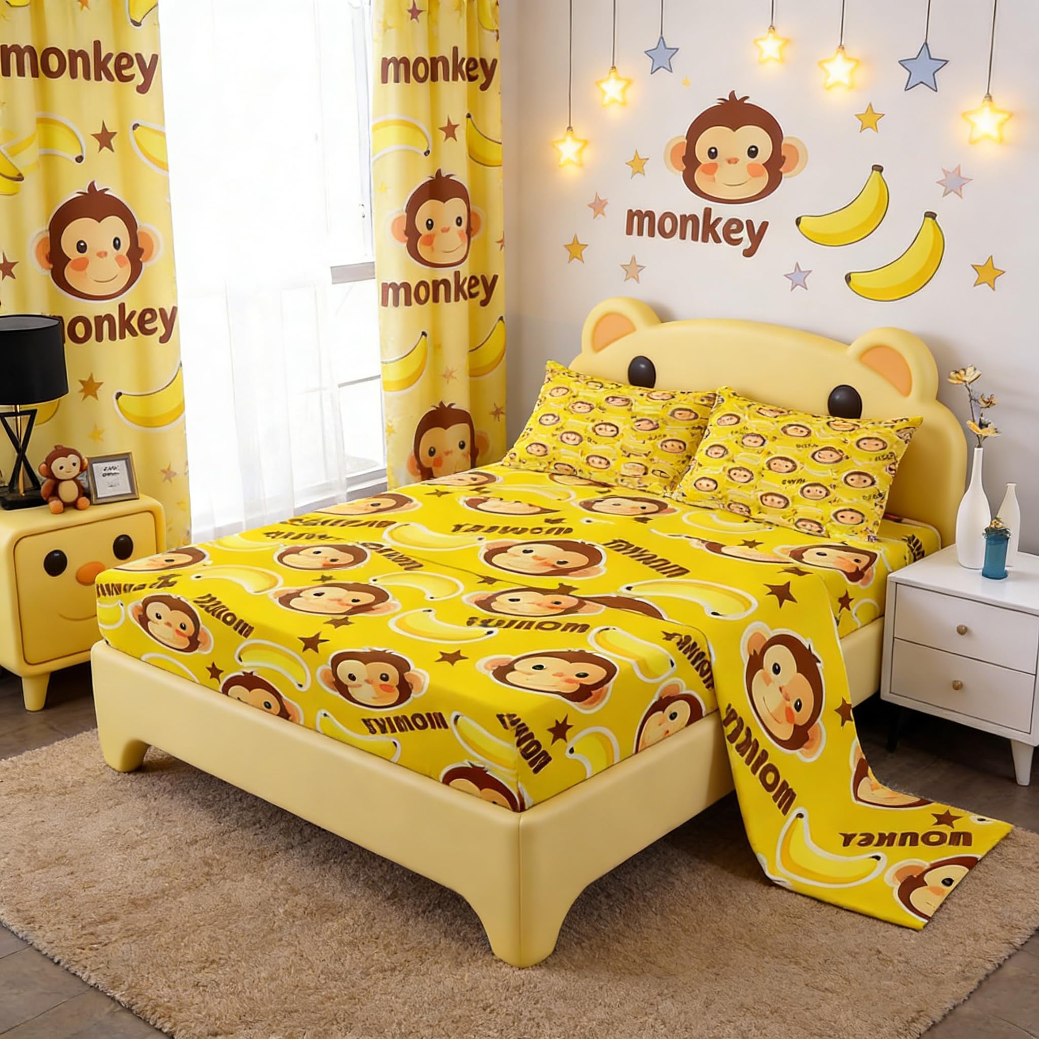 Cute Monkey Bedding Set Full Size,Cartoon Banana Stars Print Bed Sheets 4Pcs,Tropical Wild Animals Fruit Fitted Sheet for Kids Girls Boys Teens Room