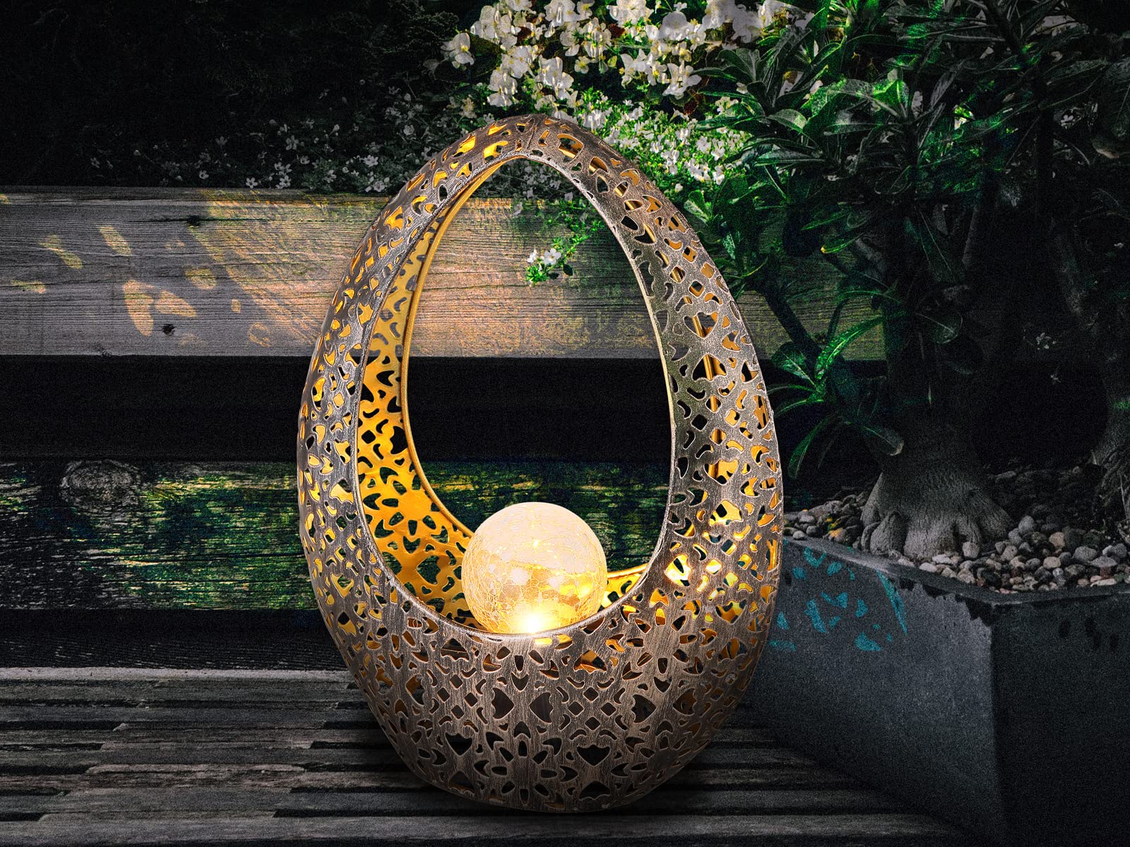 Lampada solare con sfera di vetro crackle, metallo color bronzo oro, altezza 27,5 cm