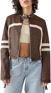 Saodimallsu Womens Faux Leather Jackets Cropped Racer Moto Biker Coats | Crop,Zip Up,Stand Collar,Motocross,Racing,Motorcycle,Casual