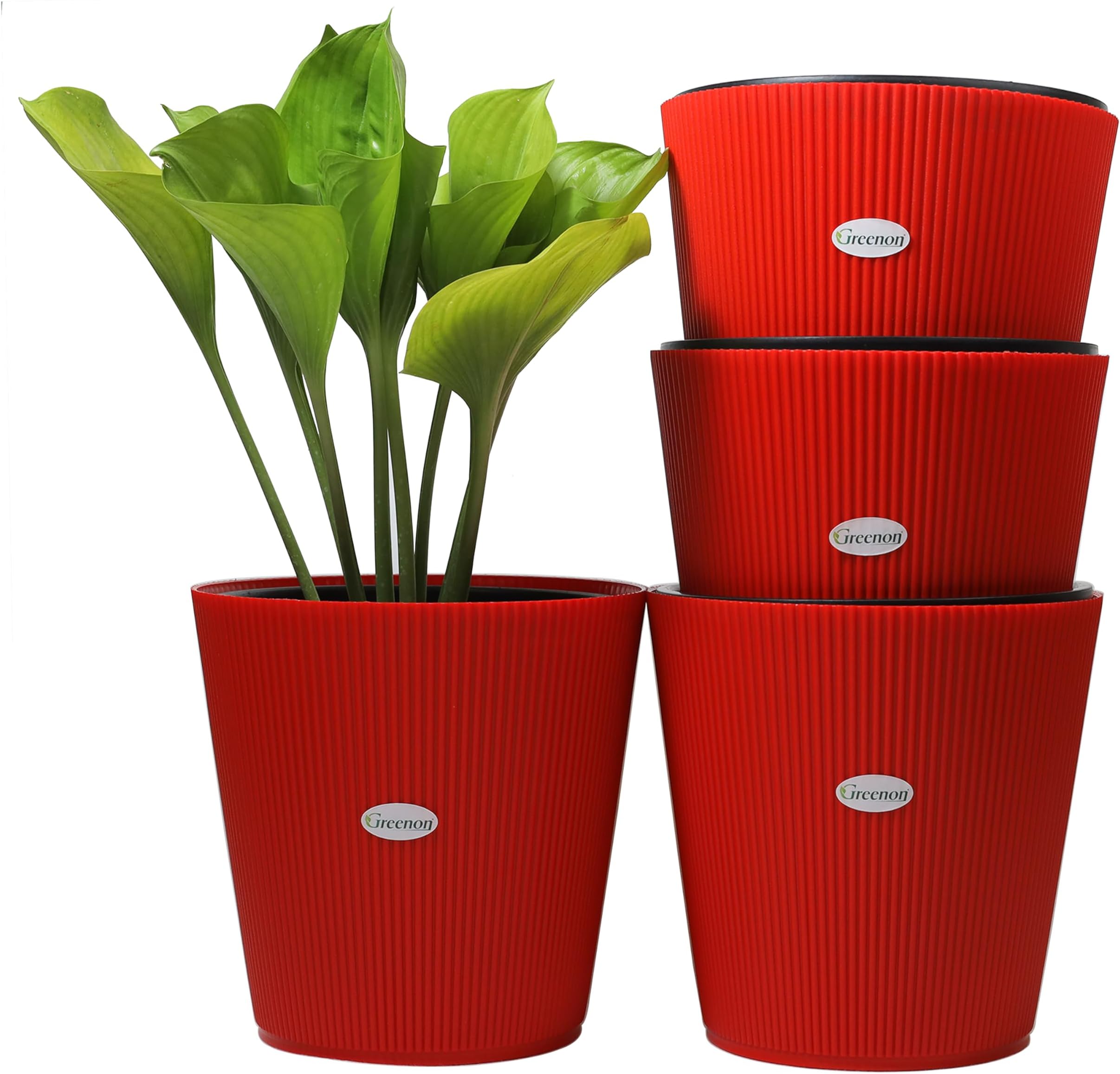 GREENON® 10 Inch Self Watering Plant Pot Set of 4 (8 Pots) | Red Outer & Black Inner Planters | Heavy Duty Virgin Plastic | UV Treated Unfadable Gamla | Ideal for Indoor, Balcony & Home Garden