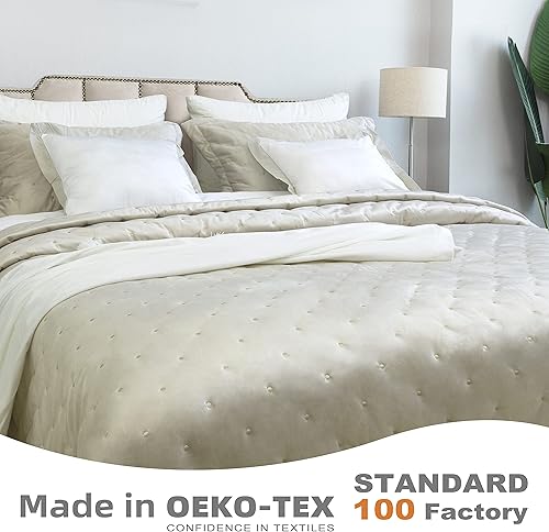 Miniatura 5 de DriftAway Juego de edredón de terciopelo de 3 piezas, cubrecama prelavado, tamaño matrimonial, queen, color marfil