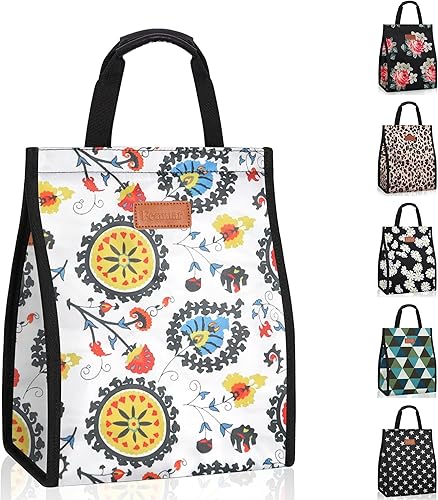 Bolsas de almuerzo para mujer, aisladas, reutilizables, con bolsillo interno, bolsa de almuerzo para el trabajo (flores coloridas)
