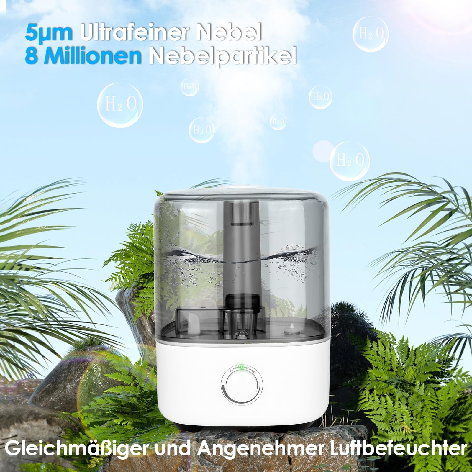 Vankarr Luftbefeuchter 5L Ultraschall 28dB Leise Top-Fill 360° Drehbarer Düse