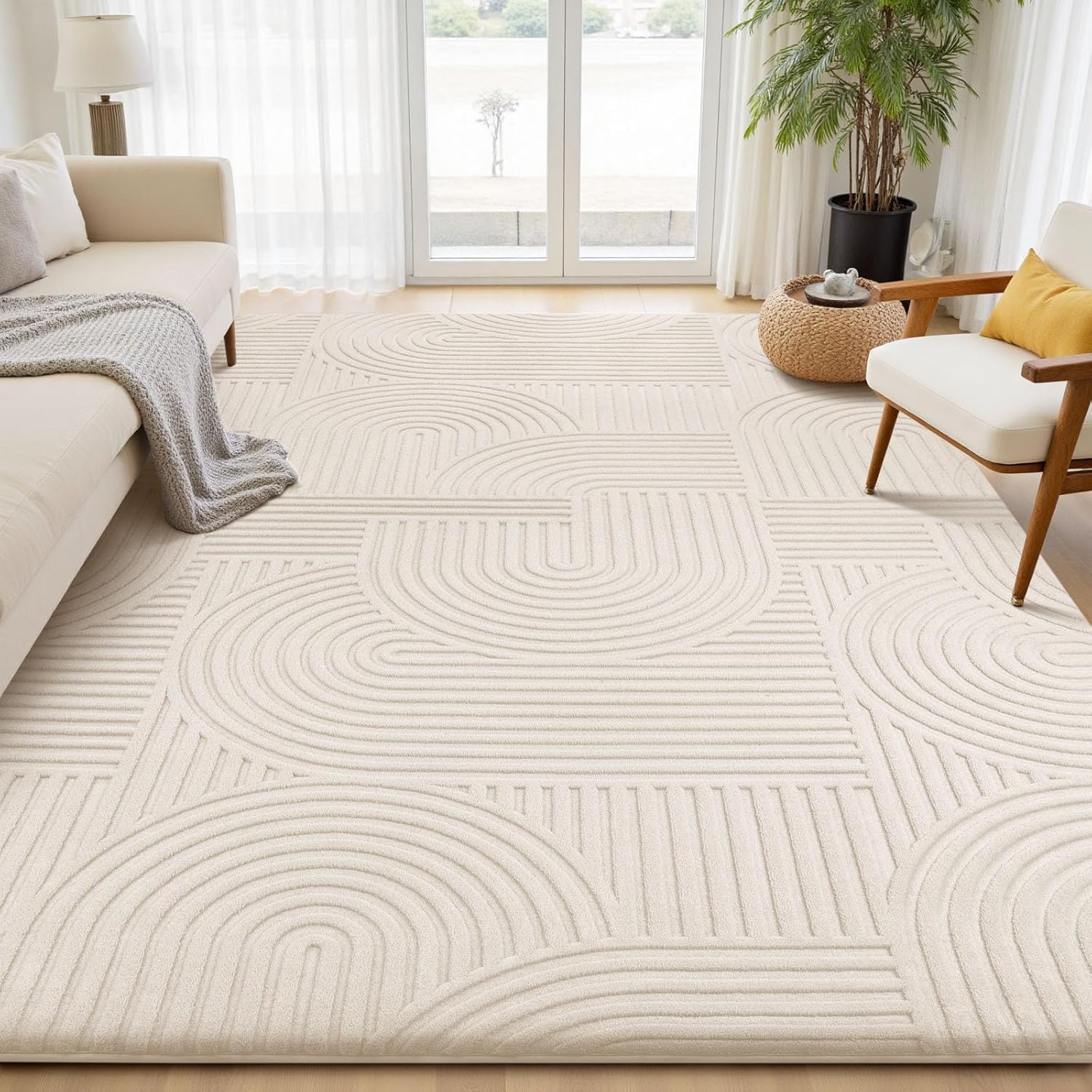 Sour Lemon 8x10 Area Rugs for Living Room, Machine Washable Rugs for Bedroom, Soft Large Area Rug Modern Geometric, Non-slip White Rug Carpet, Indoor Rug for kids Room Dorm Office Home Decor Aesthetic