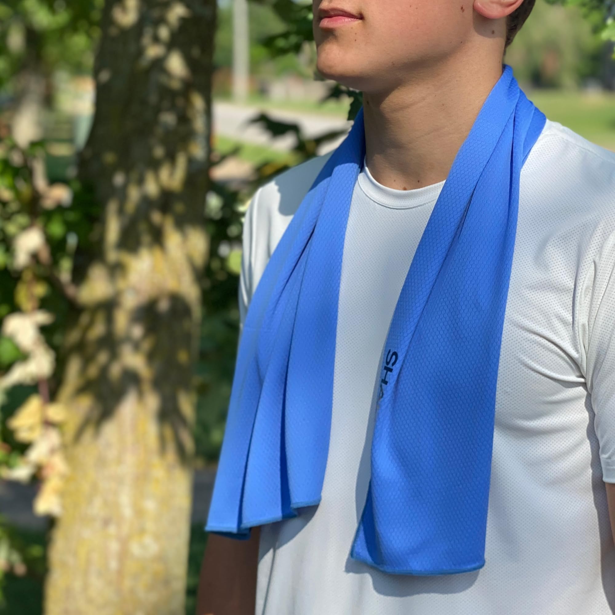 SHAKEitCOOL Extended Size Cooling Towel – Be Cool in Style - Heat Relief, Soft, Lightweight, Sun Protection, Easy Clean - Perfect for Biking, Hiking, Running, Yoga, Golf, Gardening - Blue M-image-37