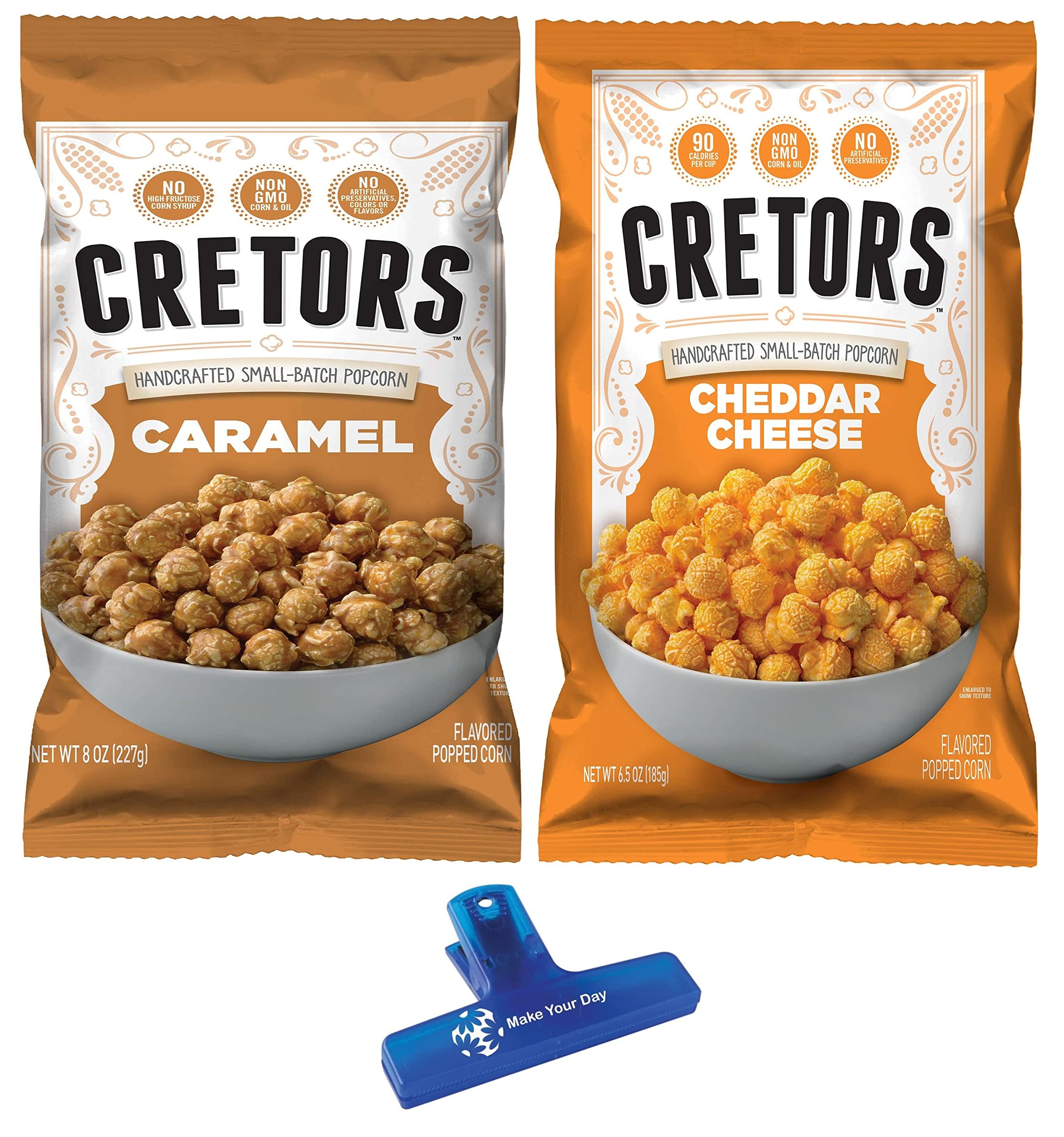 G.H. Cretors Popcorn, Caramel and Cheddar Cheese, 6-8.5 Ounce (Pack of 2) - with Make Your Day Bag Clip