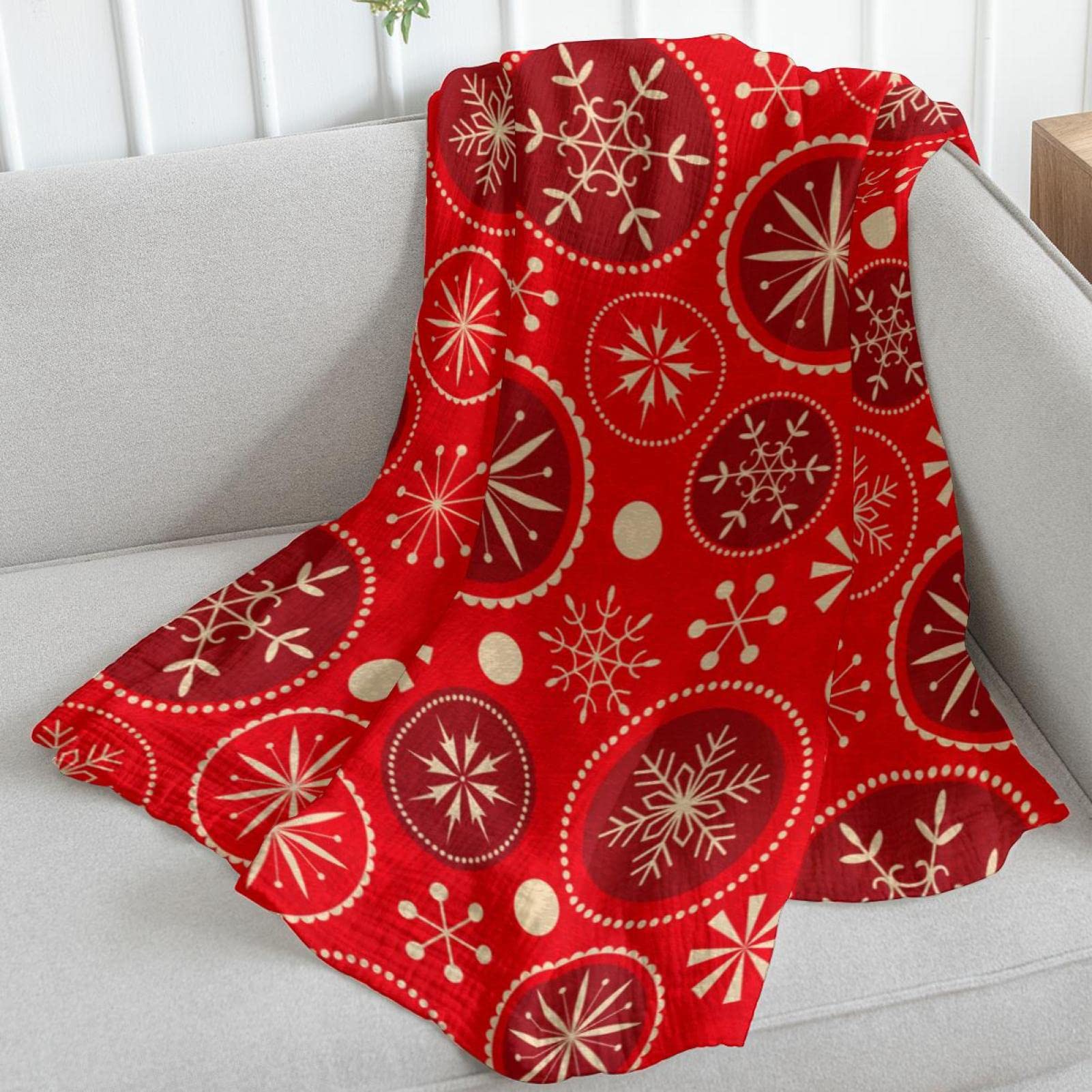 Coperta rossa in pile per divano, divano o letto, con motivo natalizio