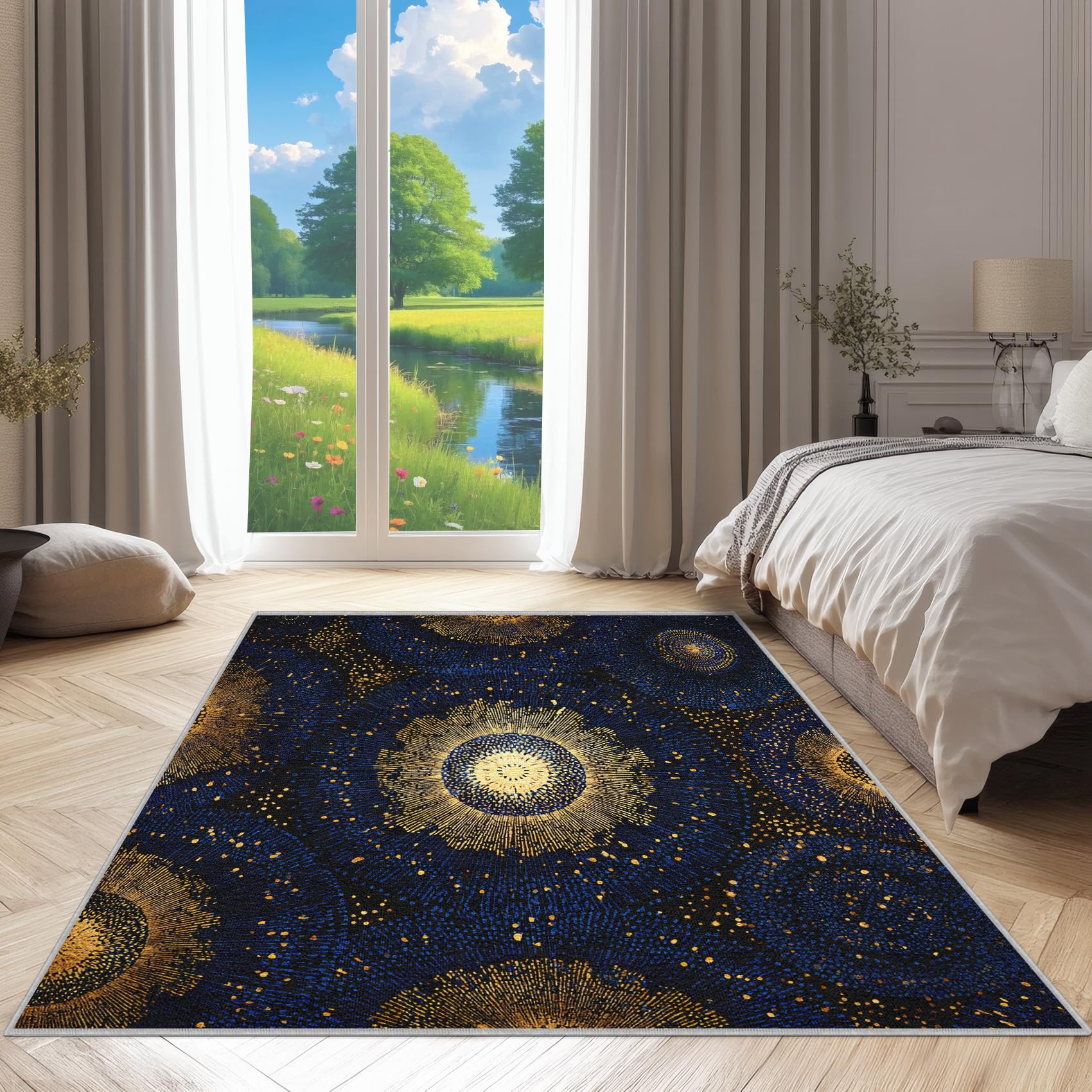 Générique Mandala Céleste Tapis 60x90 - Motif Or Vintage Tapis à Poils Courts Doux Antidérapant - Lavable en Machine - pour Salon Chambre à Coucher Cuisine Salle à Manger G9m24j10