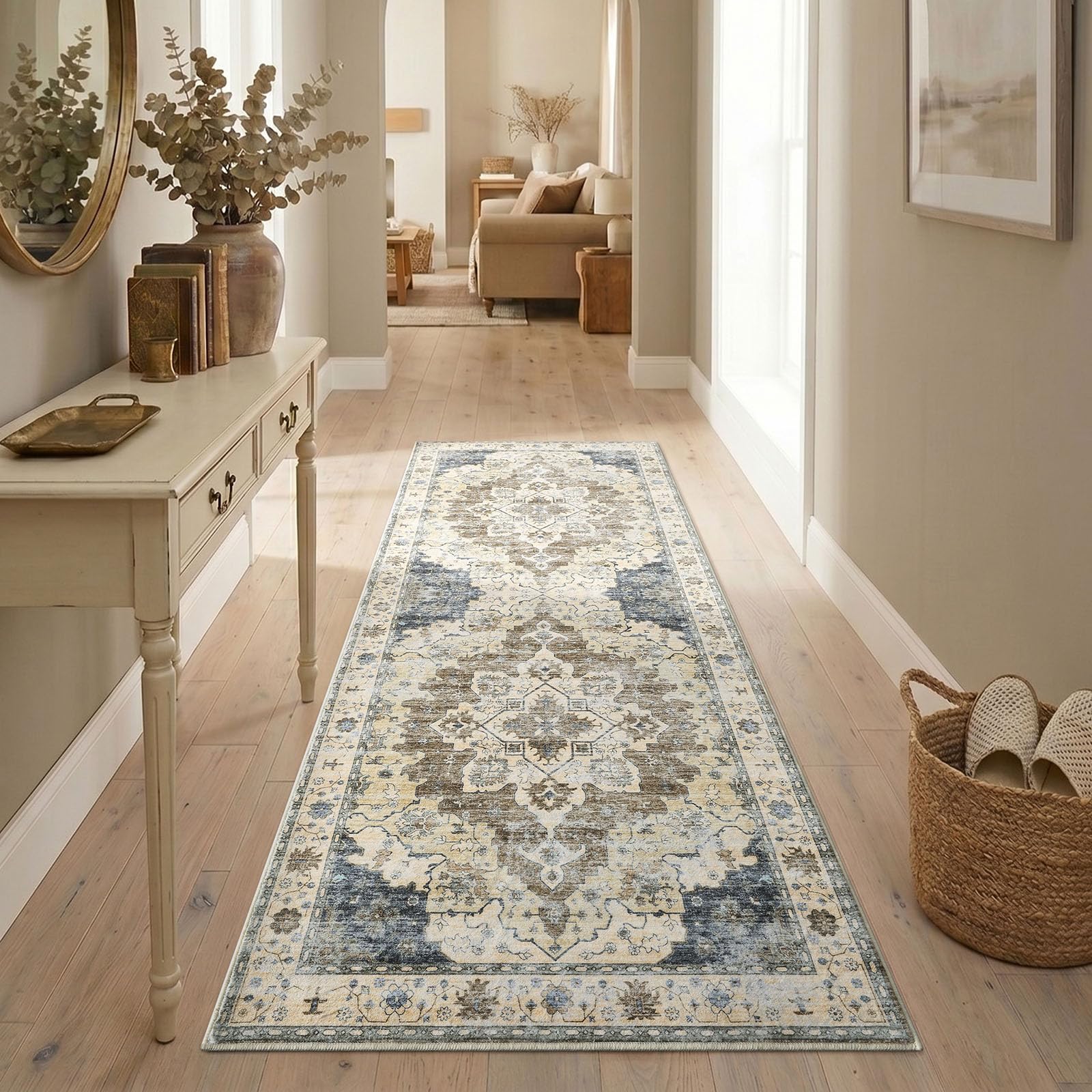 Homaxy Vintage Runner Rugs for Hallway Washable Anti Slip Rug Low Pile Boho Lounge Carpet for Bedroom, Nursery, Kitchen - 60 x 180 cm, Taupe Beige — image 1