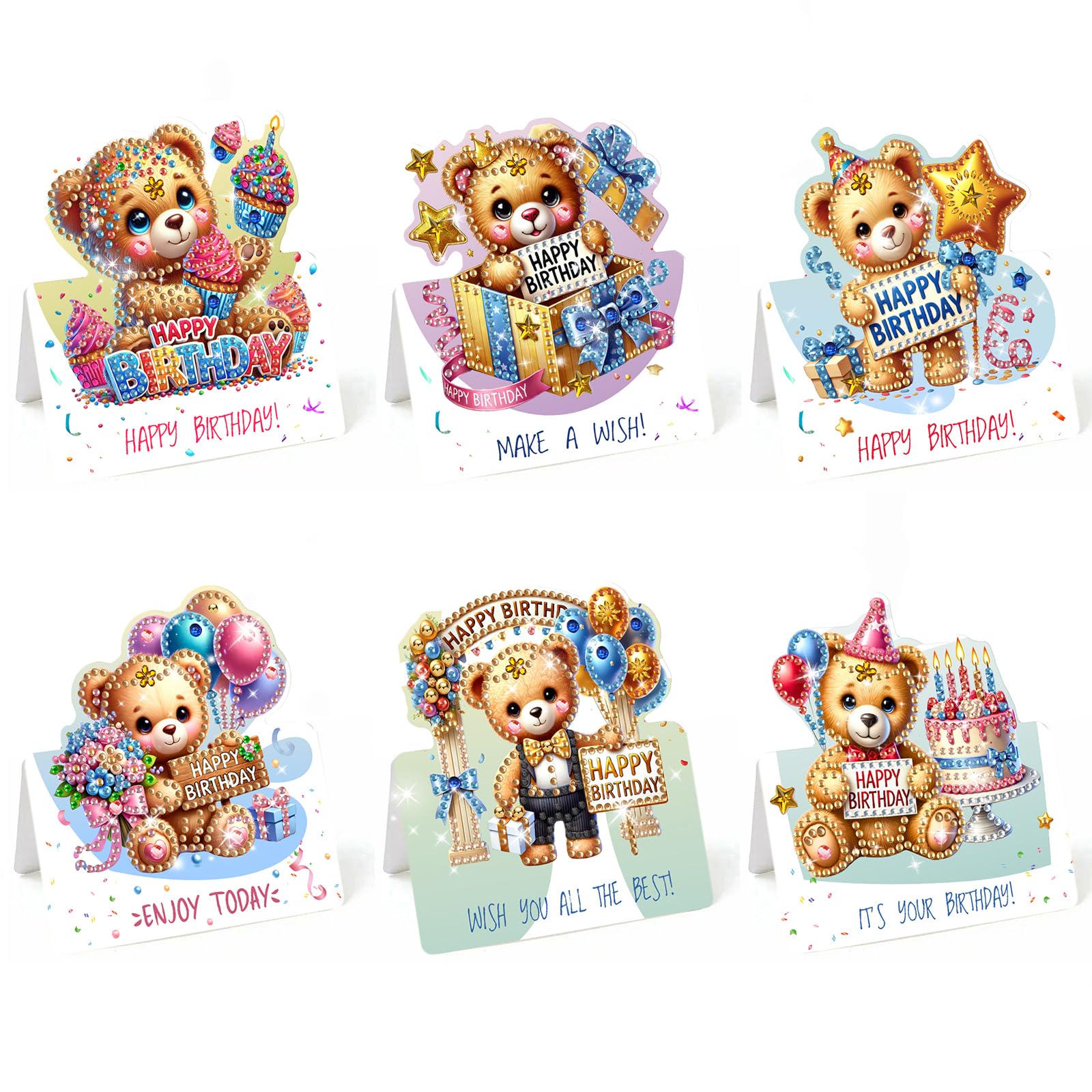 Lebartm 6Pcs 3D Folding Happy Birthday Greeting Card DIY Diamond Art Painting Foldable Thank You Cards with White Envelopes Blessing Greeting Card Set for Festival Holiday-Bear — image 1