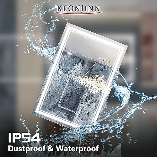 Miniatura 7 de Keonjinn Espejo LED de 48 x 30 pulgadas para baño con luces cálidasblancasnaturales con luz frontal, antiniebla, regulable, para montaje en pared,