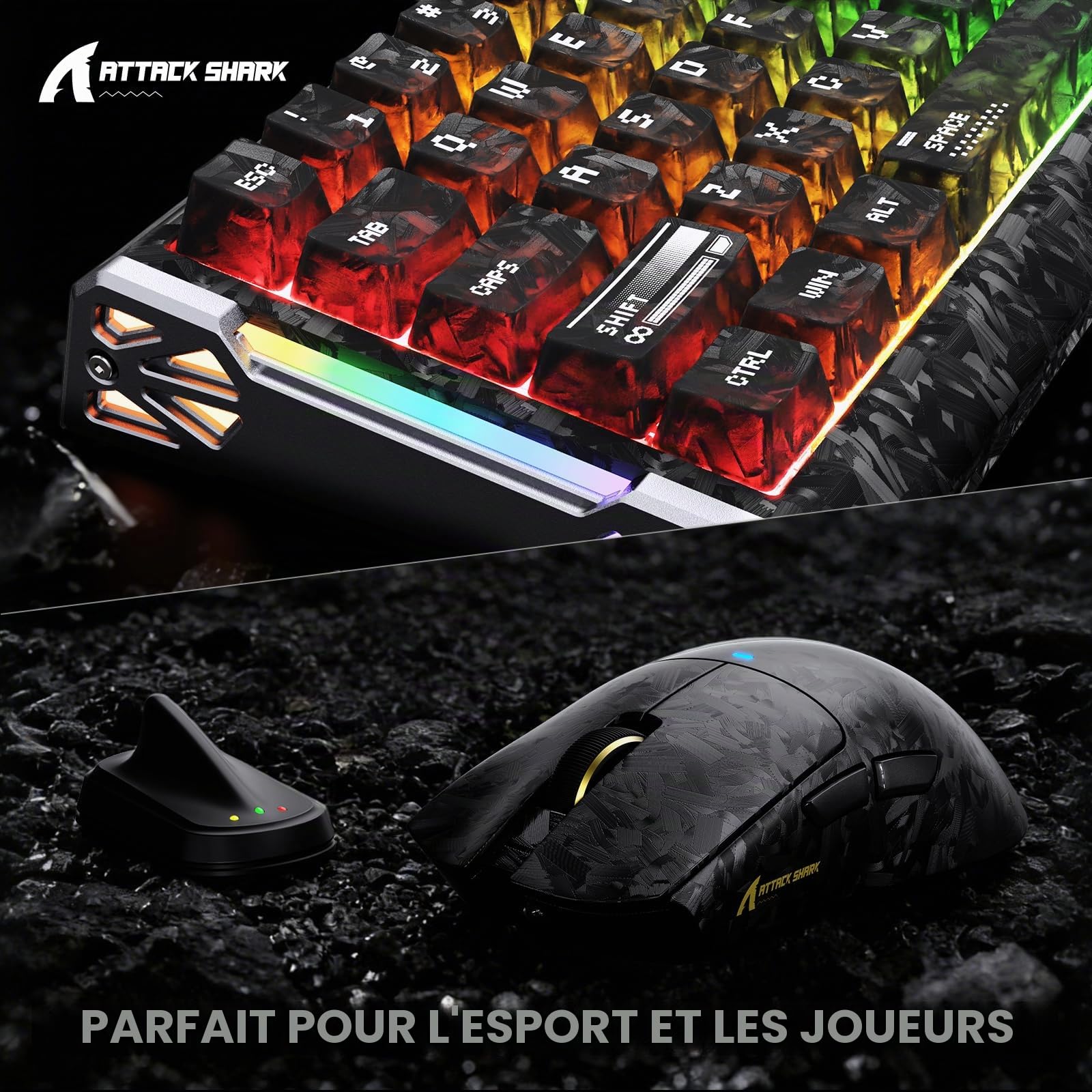 ATTACK SHARK Déclencheur rapide en fibre de carbone 8000 Hz Clavier de jeu magnétique filaire remplaçable à chaud, 42K DPI PAW3950 MAX TRI-Mode, souris sans fil Polling 8K, éclairage RVB Câble spiralé