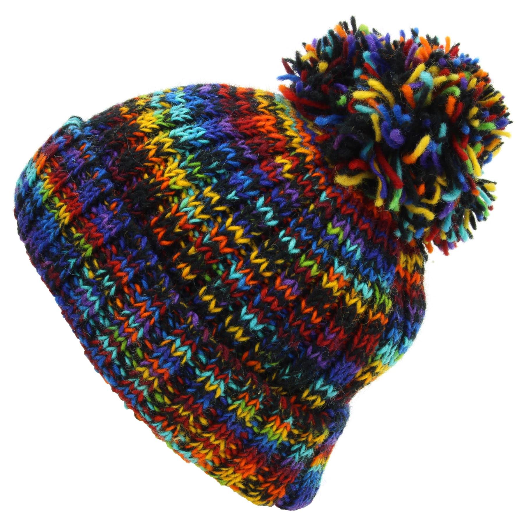 LOUDelephant Hand Knitted Wool Beanie Bobble Hat - SD Black Rainbow