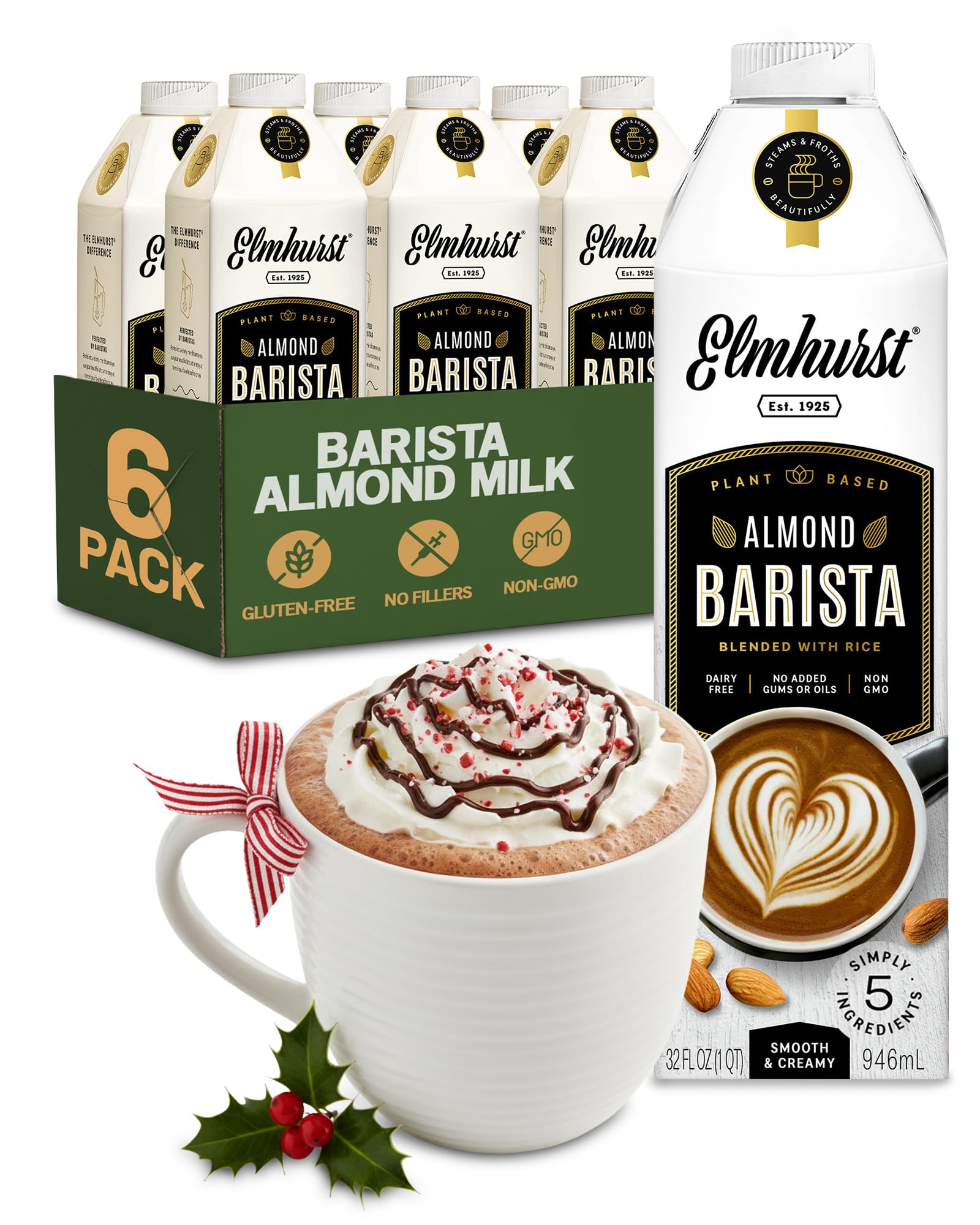 Elmhurst 1925 Almond Milk Barista Edition – 32oz (6-Pack) Plant-Based, Vegan, Dairy-Free, Kosher, Gluten-Free, Non-GMO, Froths for Lattes & Iced Coffee, 3g Protein per Serving, Simple Ingredients