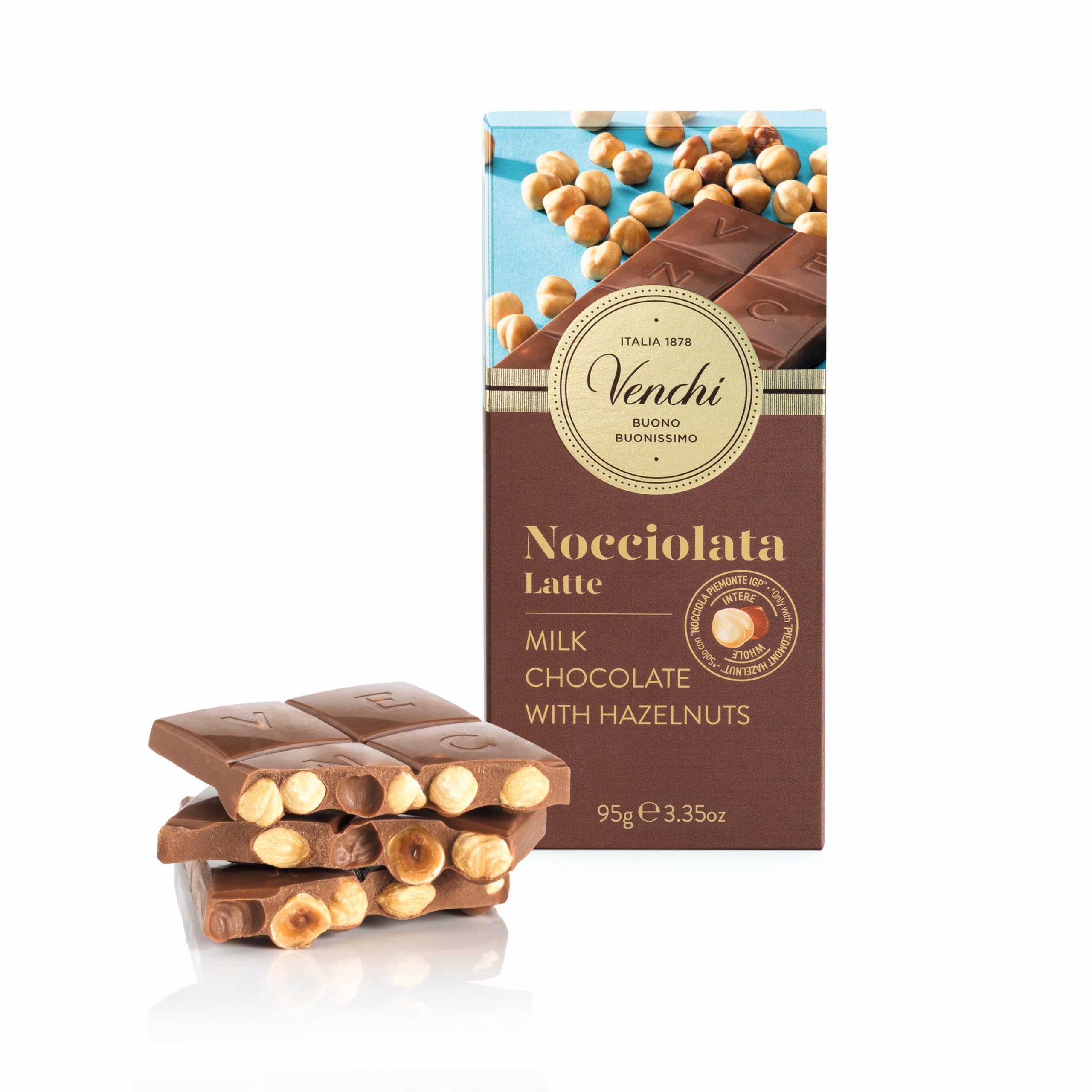 Venchi Milk Chocolate Hazelnut Bar 100g- with Whole Piedmont Hazelnuts - Gluten Free