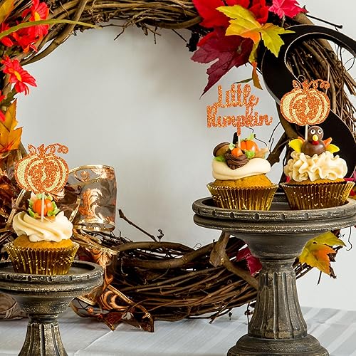 Miniatura 7 de Gyufise 24 adornos para cupcakes de calabaza con purpurina con temática de otoño, decoración de cupcakes para baby shower, pies de bebé, palillos