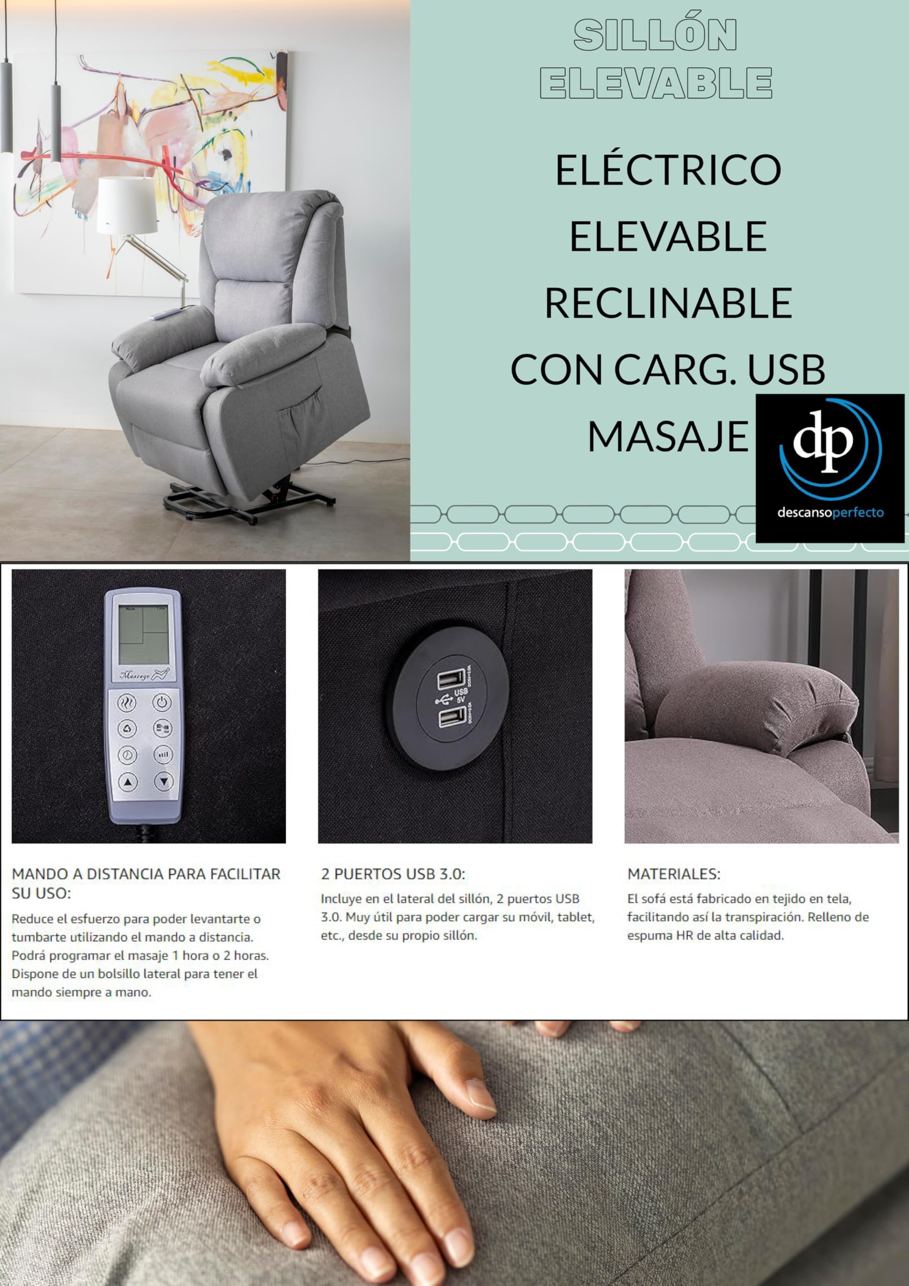 DUPI Sillón Relax Eléctrico Reclinable Miami | 8 Modos de Masaje y Calor Lumbar | Elevapersonas con Mando a Distancia | 2 Puertos USB | Polipiel | Negro