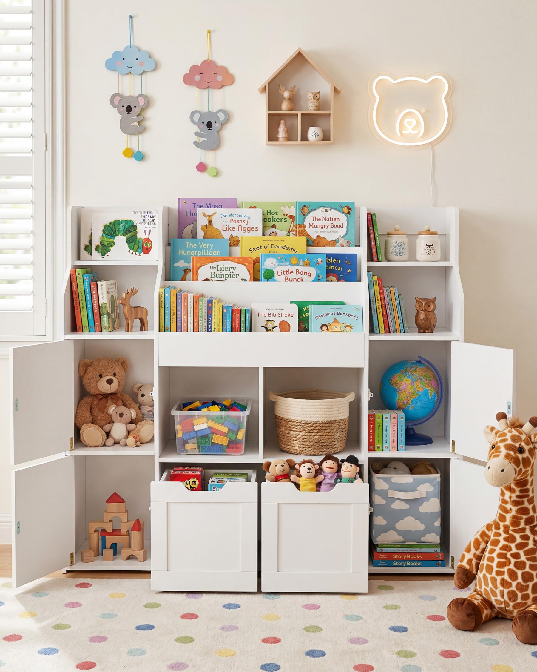 Bibliotheque Enfant avec 2 tiroirs, Blanche Etagere Livre Montessori pour Chambre, Meuble Rangement Jouet sur 8 roulettes, Fixation Murale Stable