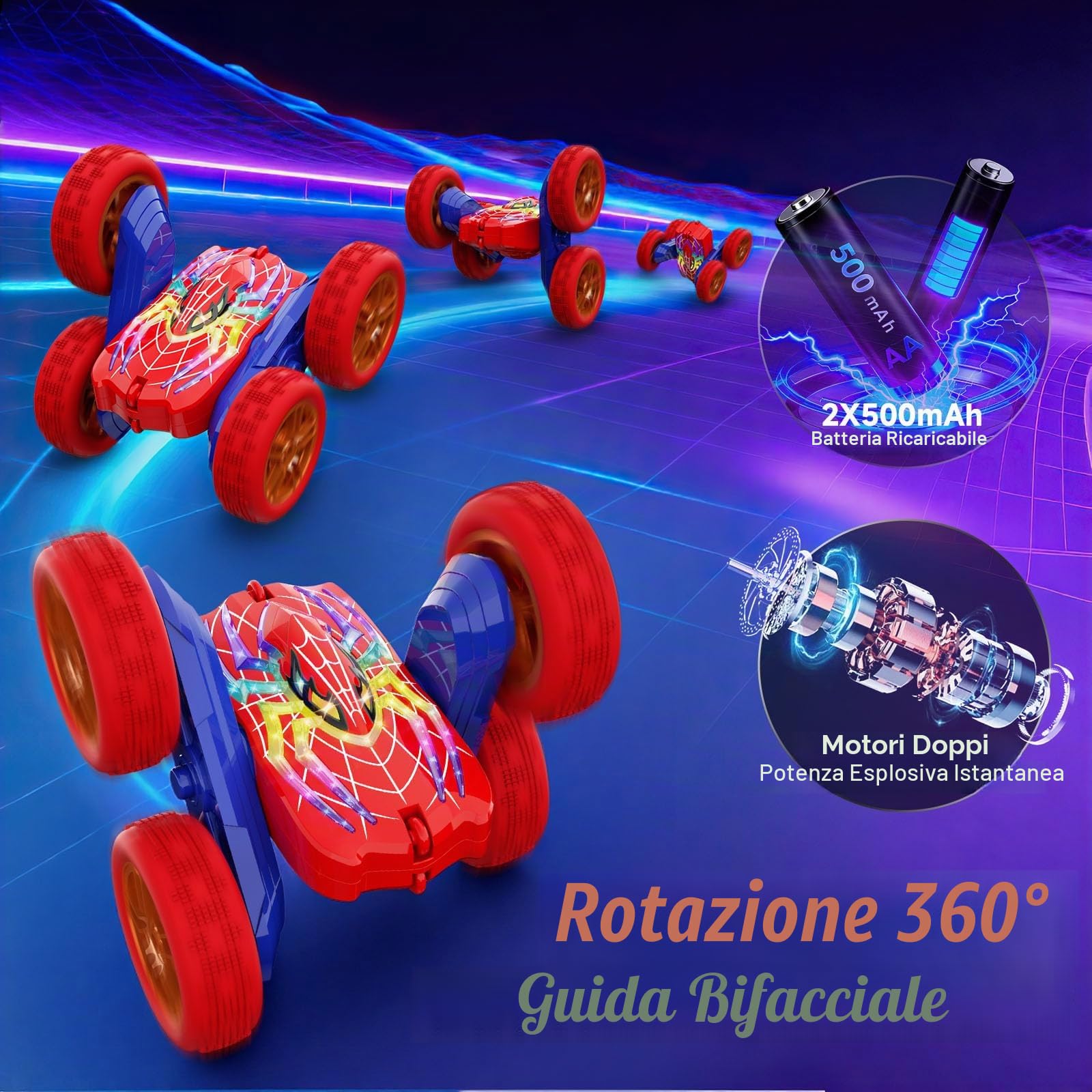Macchina Telecomandata per 3-12 Bambini, 2.4Ghz 4WD Rotazione a 360° 5 Luci Fredde Modalità, Radiocomandata Acrobatica Truck, Giocattoli Gioco Regalo Natale Compleanno Ragazzi 3 4 5 6 7 8 9 10