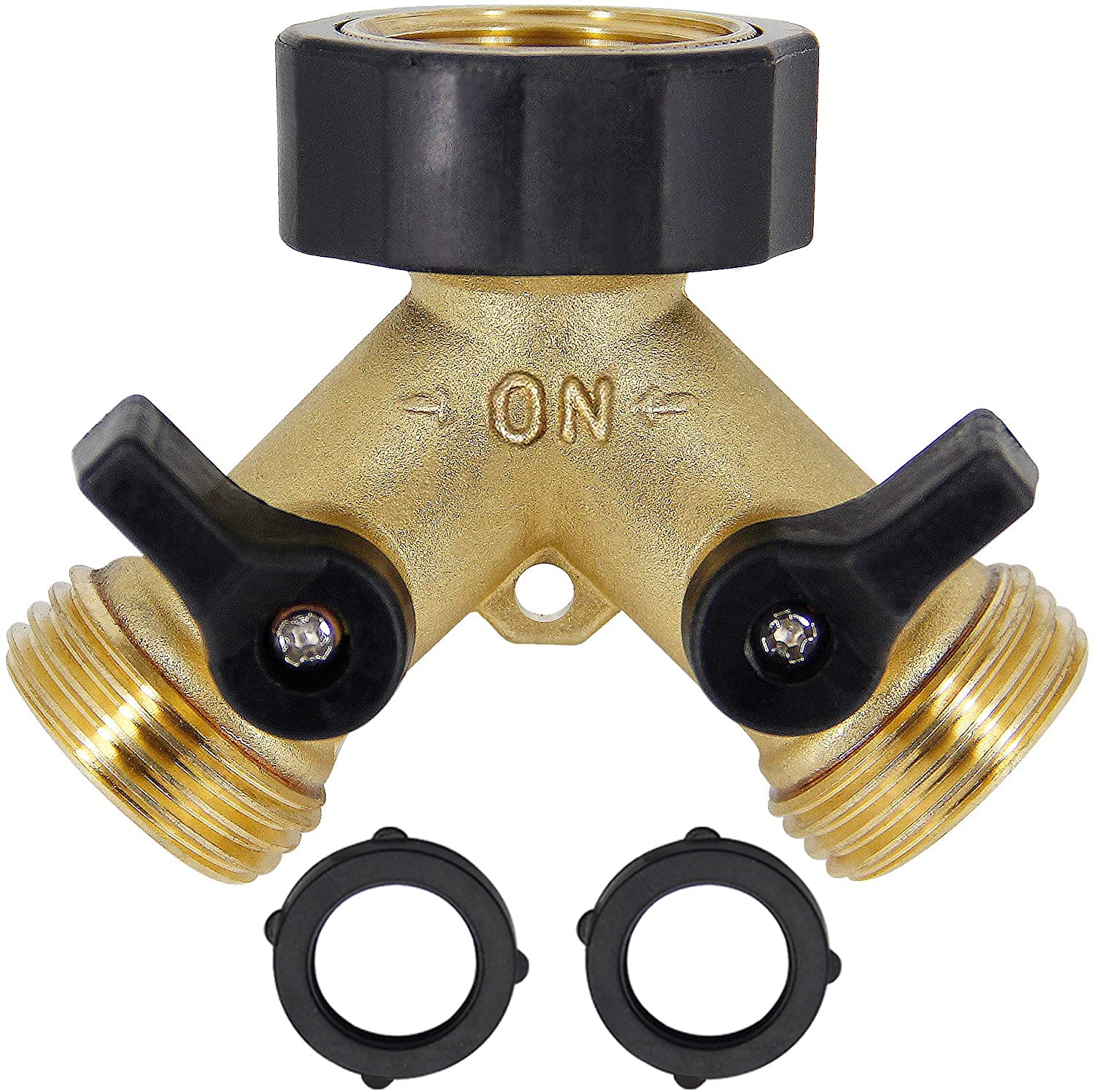 DELFINO 2 Way Garden Hose Splitter - Heavy Duty Solid Brass Y Adapter With 3/4" Connectors, Shut Off Valves, Spigot Adapter - 1 Pack