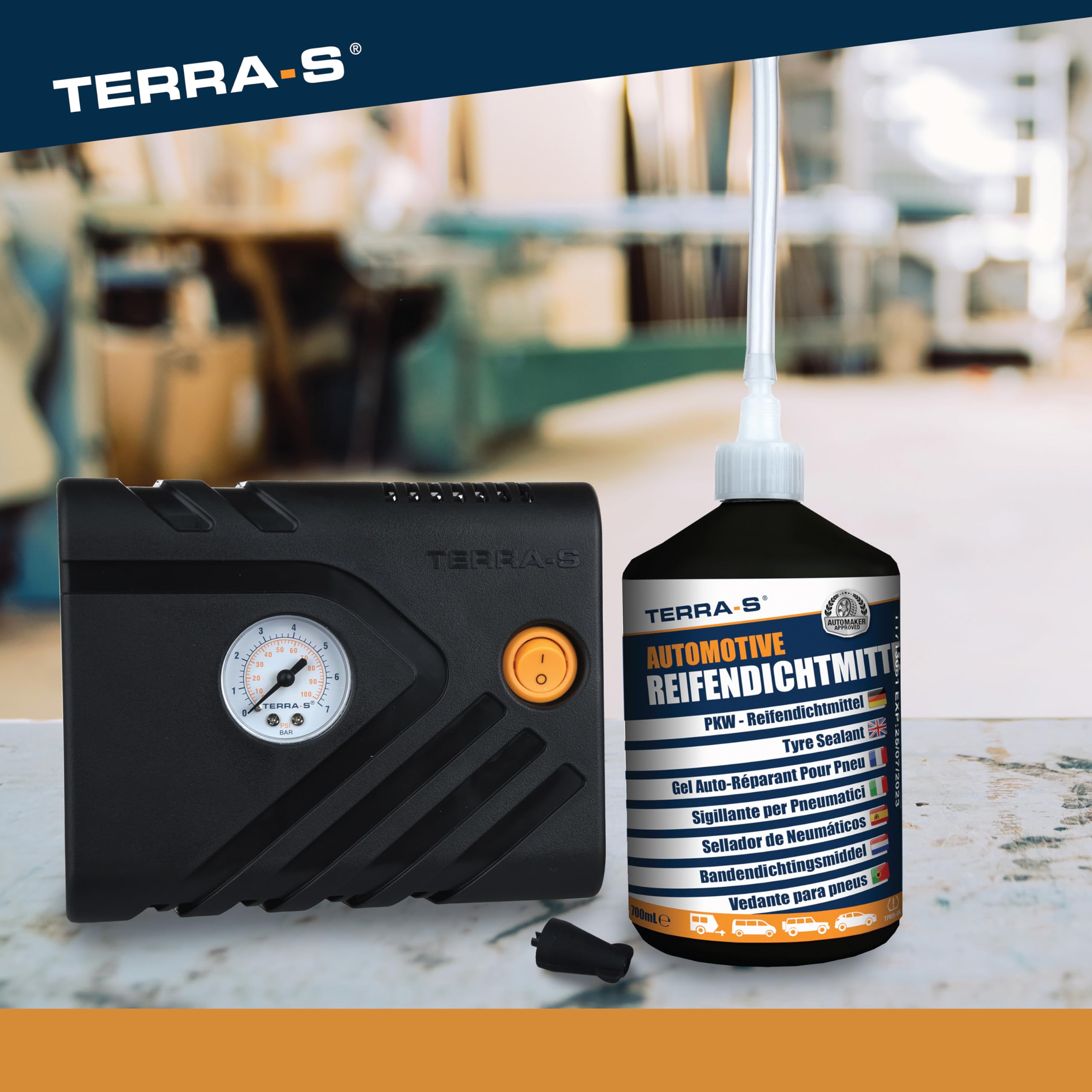 TERRA-S T56001 Kit de réparation d'urgence pour crevaison avec Mastic et Pompe à Pneu pour Voiture et Autres véhicules Automobiles 15 Minutes