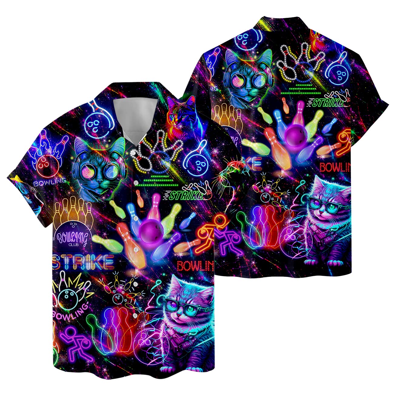 Neon Bowling Cat Hawaiian Shirts for Men, Funny Bowling Short Sleeve Shirt, Button Down Shirts Casual Relaxed-Fit for Men