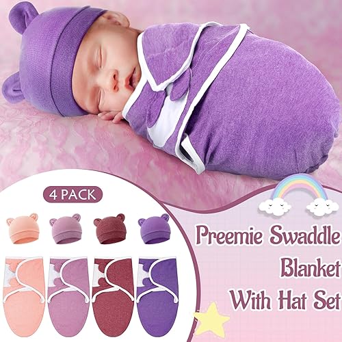 Miniatura 10 de Buryeah Paquete de 4 mantas para bebé prematuro con gorro para bebés niños y niñas de 3 a 7 libras, ropa para recién nacidos, gorro para dormir