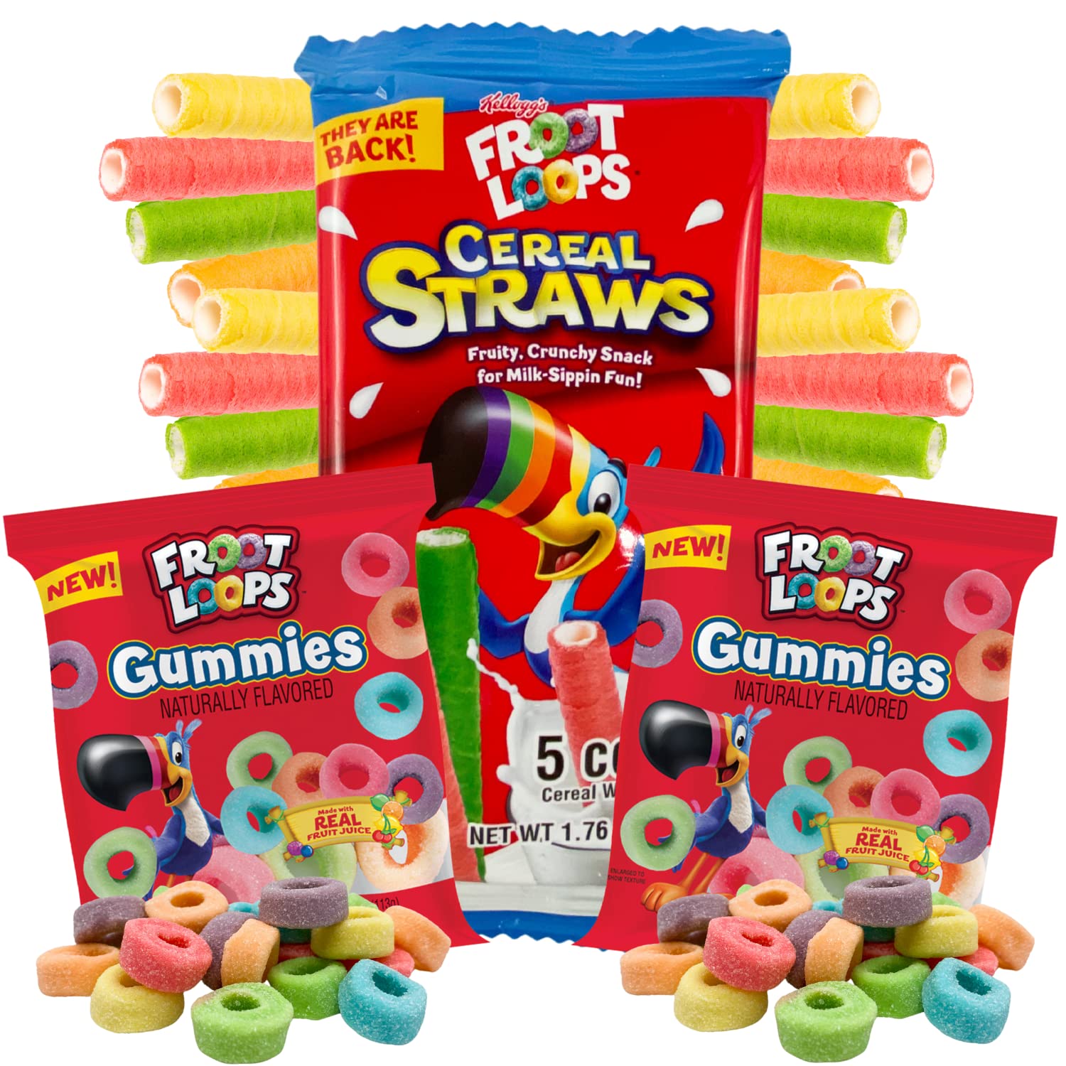 Froot Loops Lovers Snack Assortment, Flavored Gummy Candy and Cereal Straws, Edible Straw Alternatives for Milk, Nostalgic Childhood Breakfast Treats