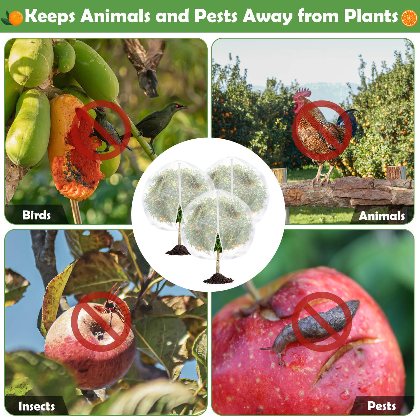 Red de árboles frutales de 10 x 10 pies con cremallera, 3 redes grandes para árboles frutales con cordón, red para plantas, jardín, insectos, pájaros, barrera de plagas para melocotón, cereza