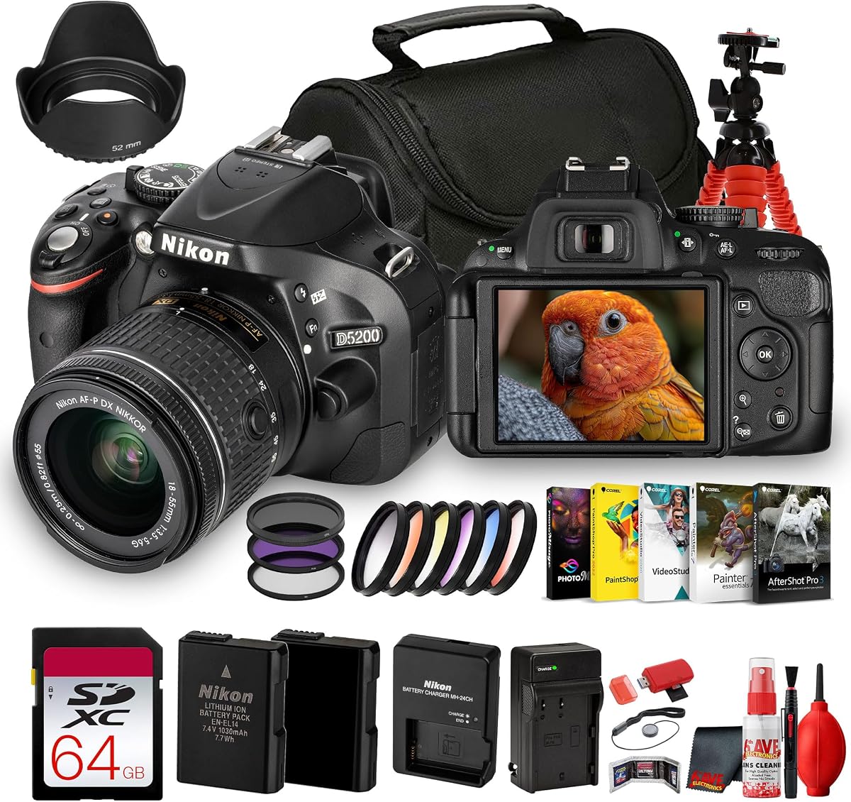 Nikon D5200 DSLR Camera with 18-55mm Lens & 52mm Lens Bundle | For Photography & Video | 18–55mm II Lens + 18–55mm Lens + 64GB Memory Card + Filter Kit + More (18pc Bundle)