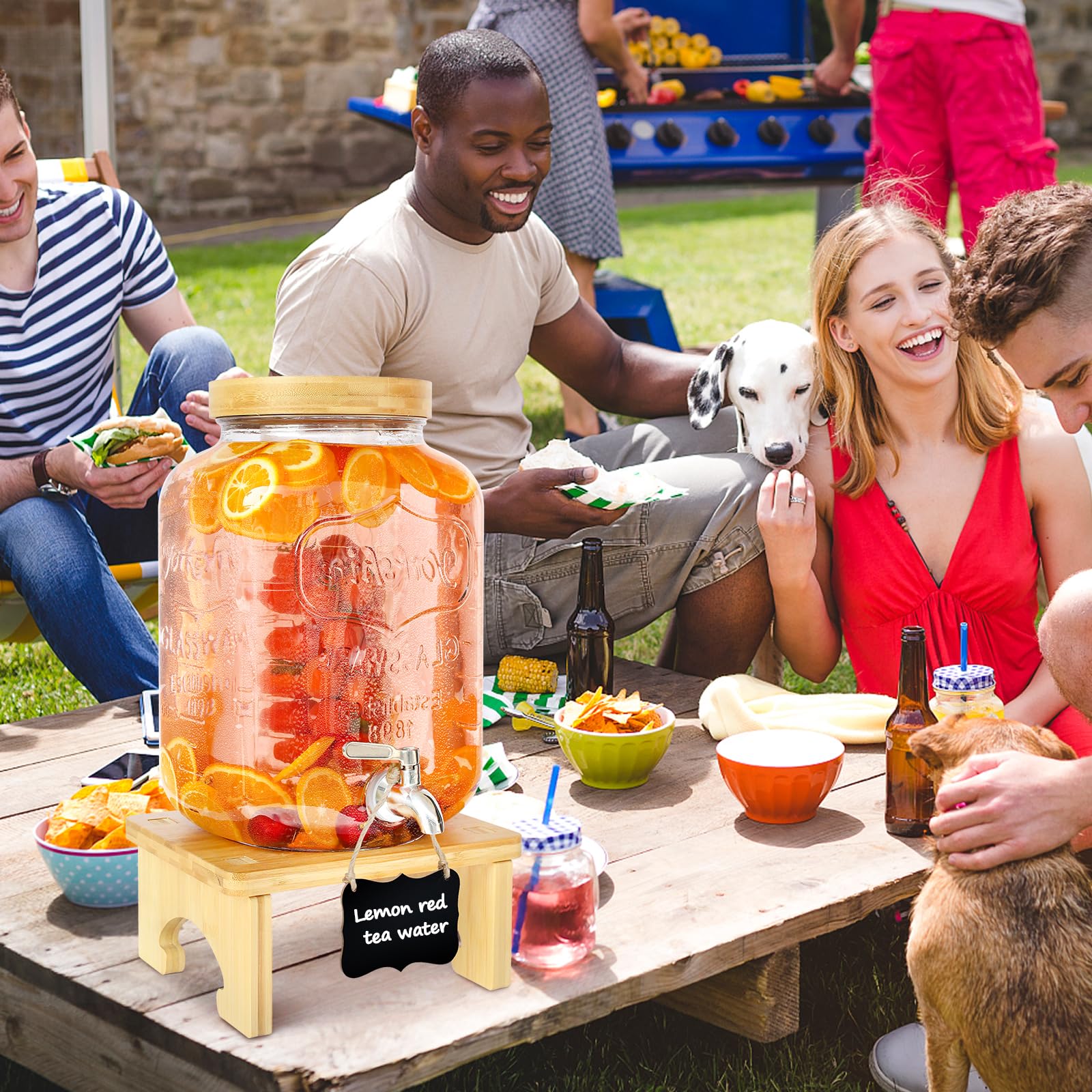 Distributeur de boissons de 7,6 L avec support, distributeur de boisson en verre avec robinet en acier inoxydable massif pour jus glacés, eau, boissons maison, fêtes, mariages
