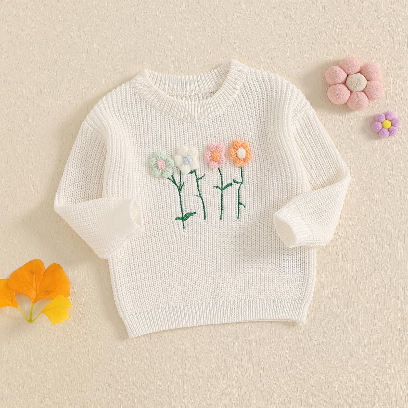Maglione per neonata con motivo floreale 3D maglioni a maglia per neonati a girocollo a maniche lunghe