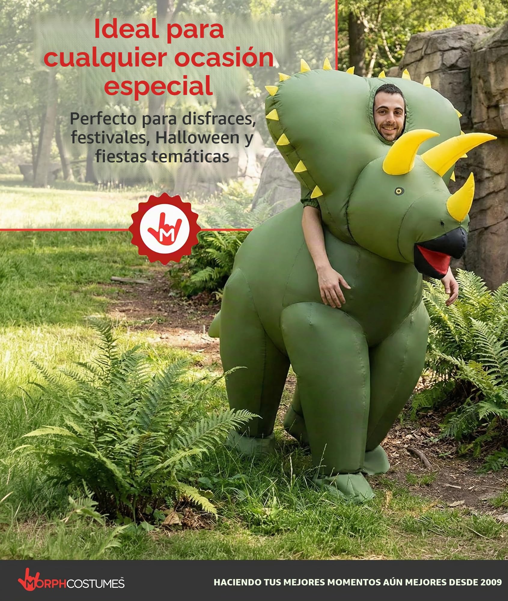 Morph Disfraz Triceratops Adulto, Disfraz Hinchable Halloween Adulto | Mono Verde con Ventilador, Diseño de Triceratops, Se Infla en Segundos, Perfecto para Halloween, Siempre un Éxito