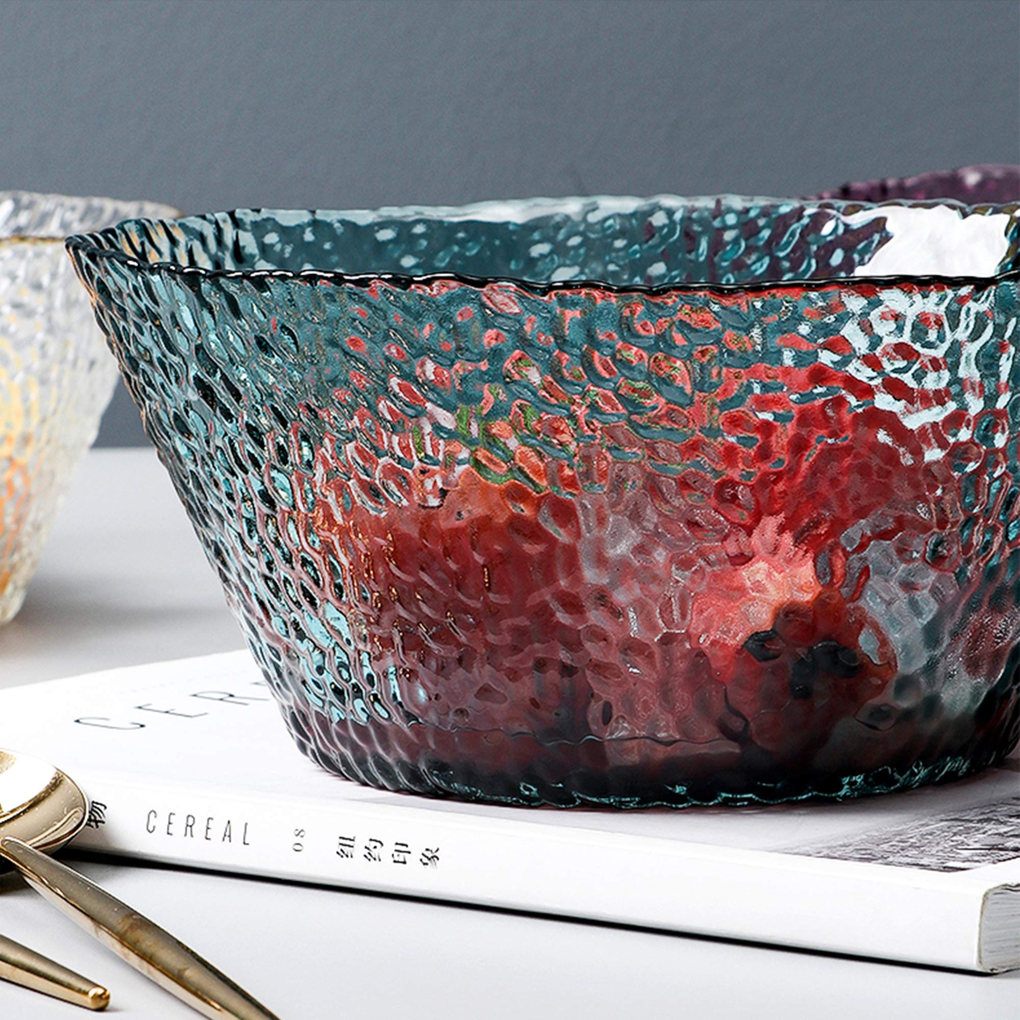 Glas Obstschale Salatschüssel Verdicken Transparente Runde Schüssel für Obstkorb Gemüsesnack (21x9.5 cm), Beinhaltet 2X Fruchtgabel