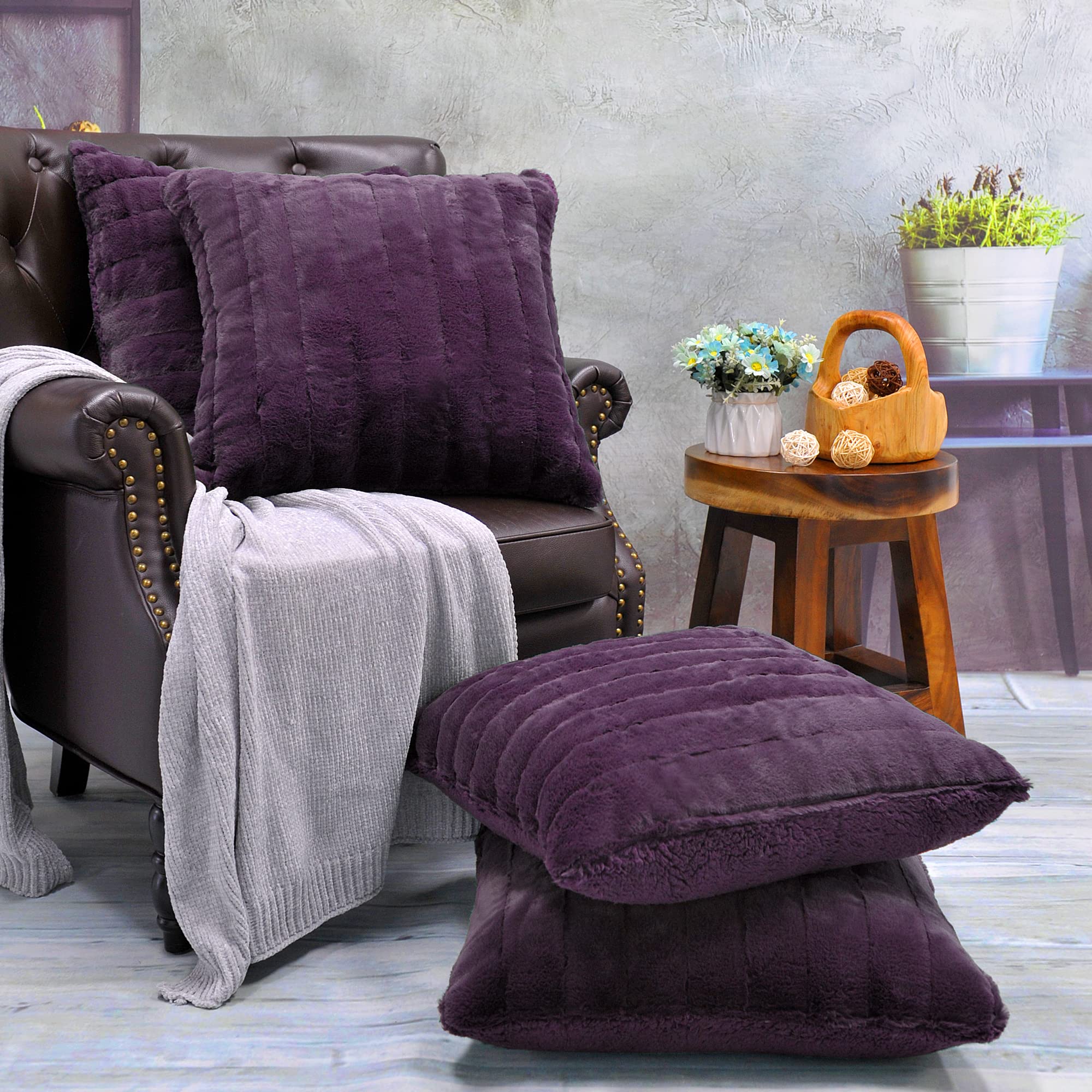 Home Soft Things Purple Super Mink Solid Color Throw Pillow Shell with Sherpa Backing Cushion Cover 4 Piece Set, 20