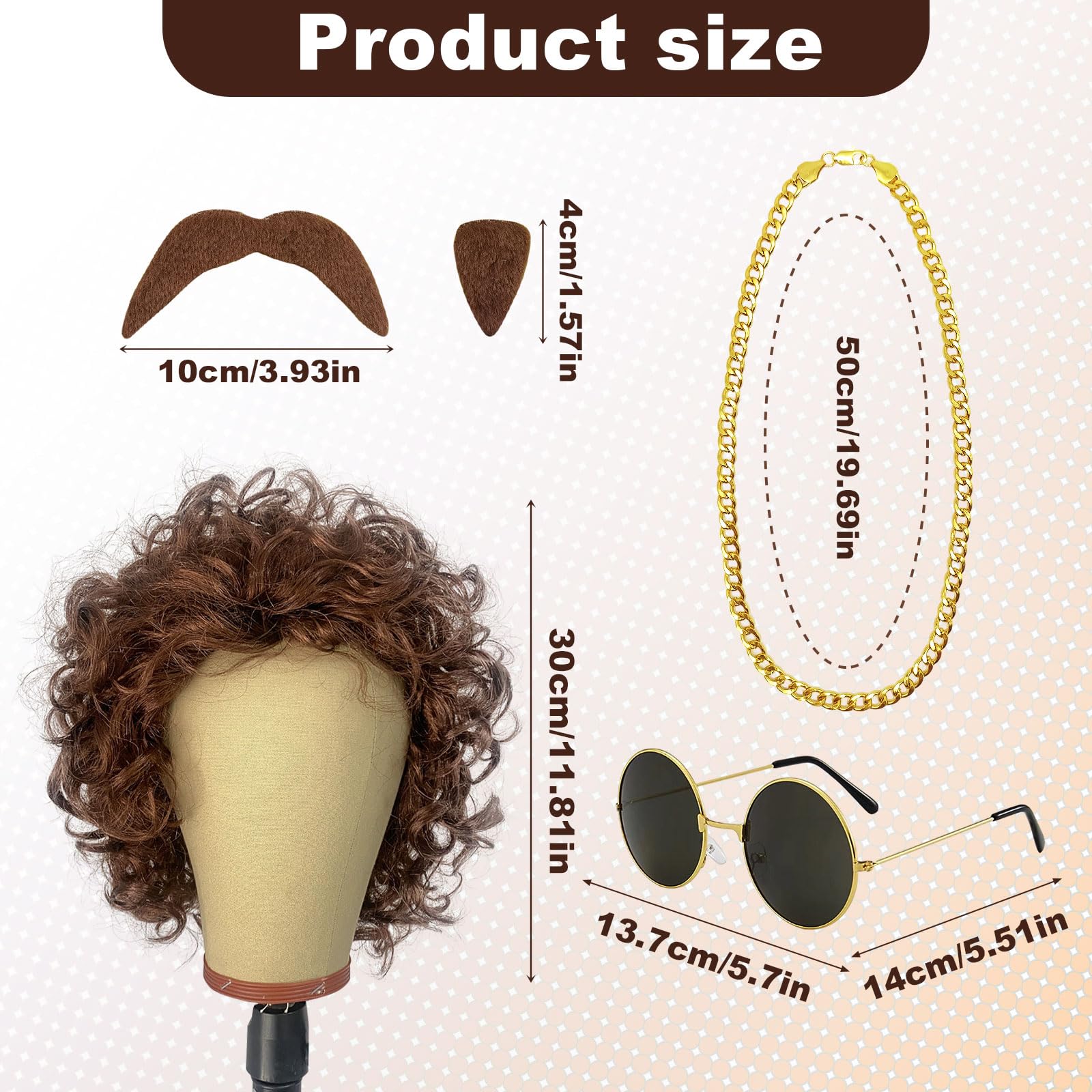 UILYNIU Brown Curly Wig Men with Moustache Sunglasses and Necklaces - Image 2