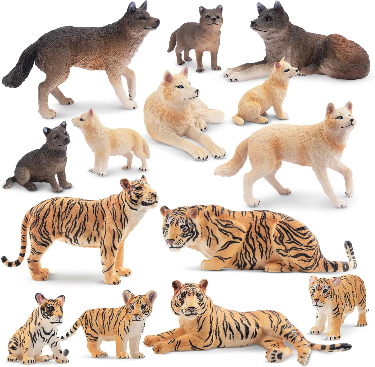 Toymany 14PCS Jungle Forest Animals Figurines Includes Wolf and Tiger Family Set Cake Toppers Christmas Birthday Gift for Kids Toddlers