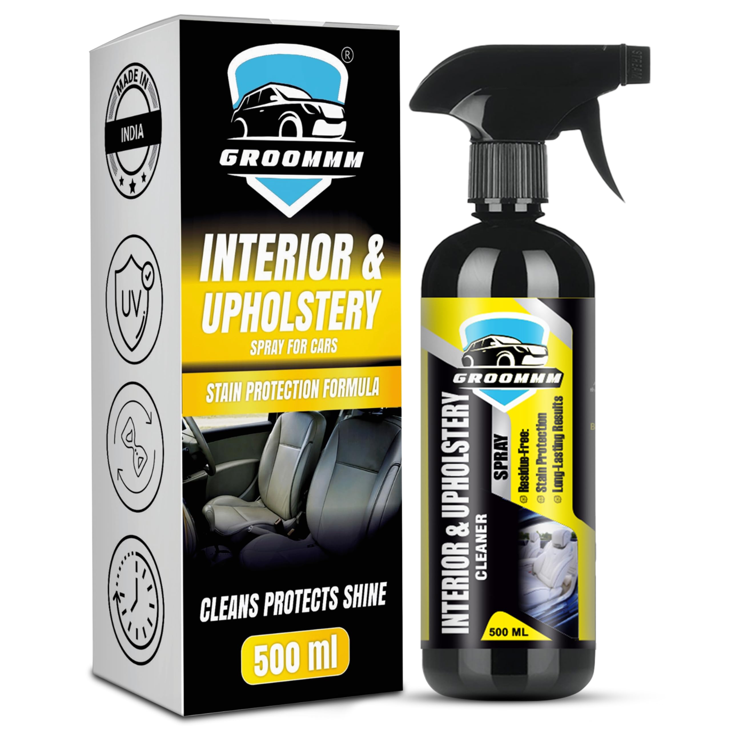 Groommm Car Interior Cleaning Kit (500ml) & Protectant For Car Seats, Roof, Dashboard, Door Handle & Wheels | Removes Dirt, Grime, Grease Stains From Leather, Vinyl Plastic | Best For Vehicle & Home