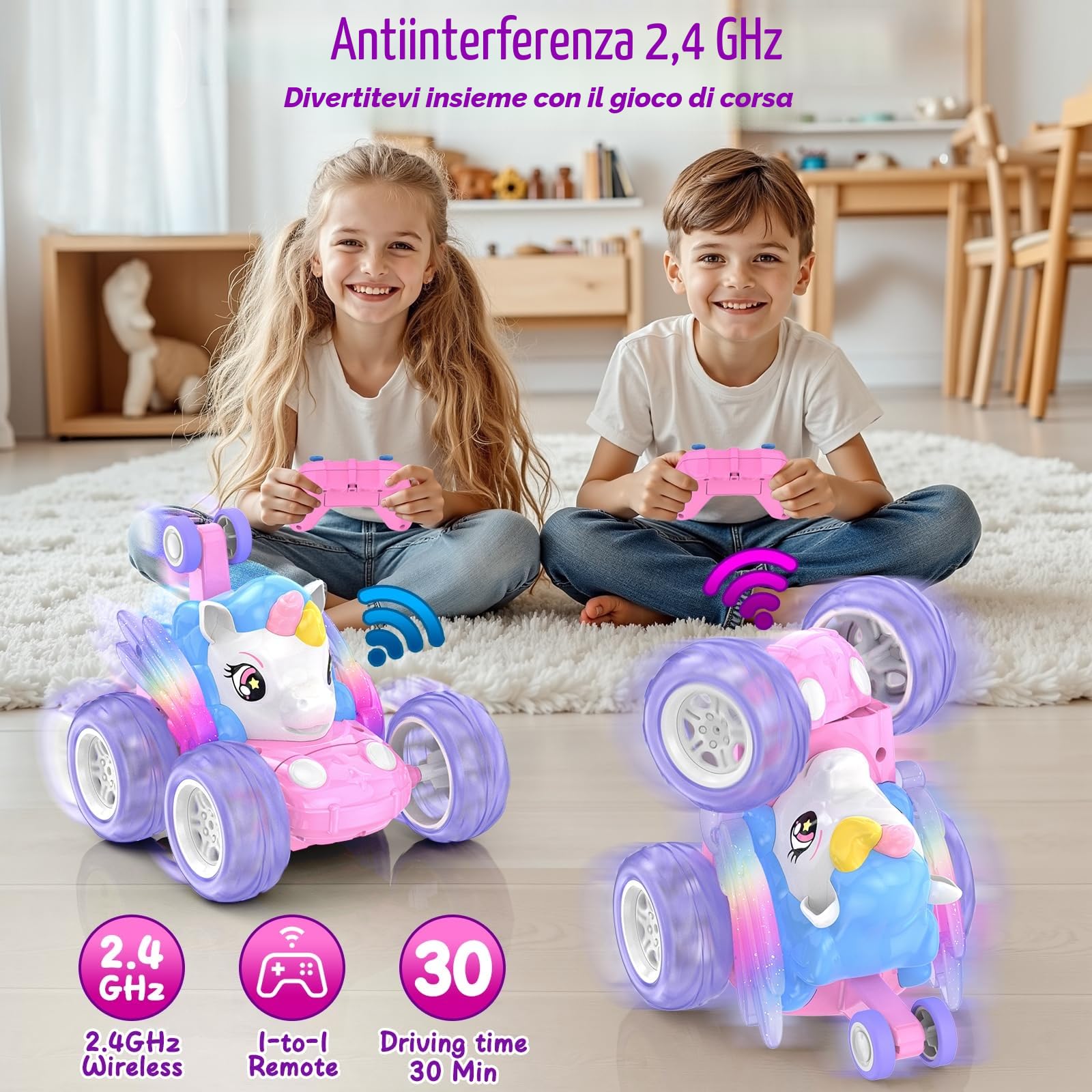 Macchina Telecomandata Bambini, Giochi Unicorno Bambina Bimba 3 4 5 6 7 8 Anni Monster Truck Auto Radiocomandata Acrobatica con Luci Giocattoli Macchinina RC Car Gioco Regalo Compleanno Natale