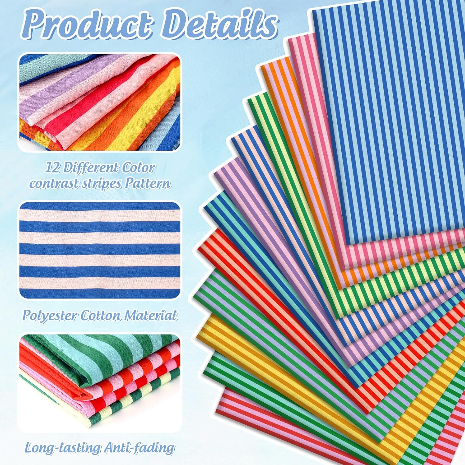 Whaline 12 Pcs Colorful Cotton Fabric Bundles Fat Quarters Multicolor Stripe Sewing Fabrics for Spring DIY Craft Party Decor, 18 x 22 Inch