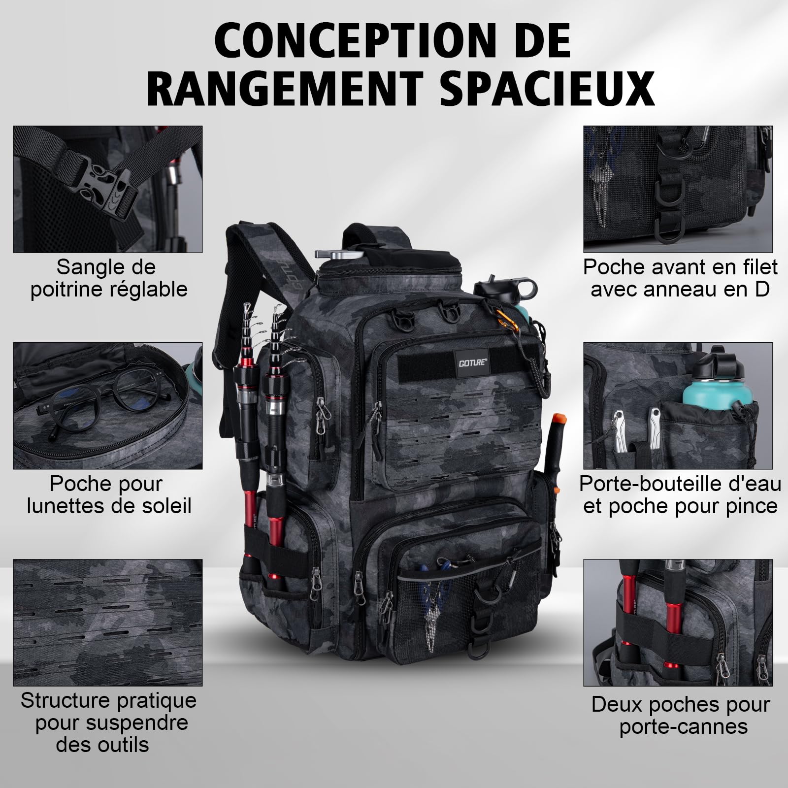 Goture Sac de pêche 45 L Oxford 900D imperméable bandoulière randonnée